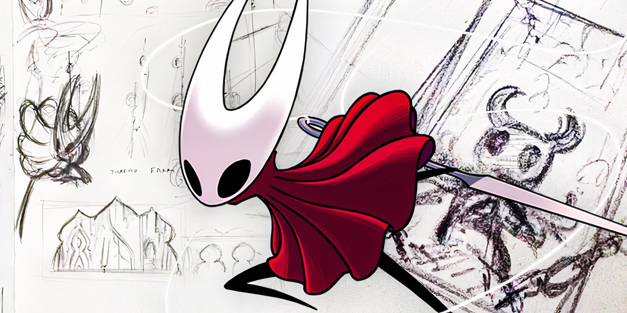 Hornet standing in front of Silksong concept art featuring herself and the knight.