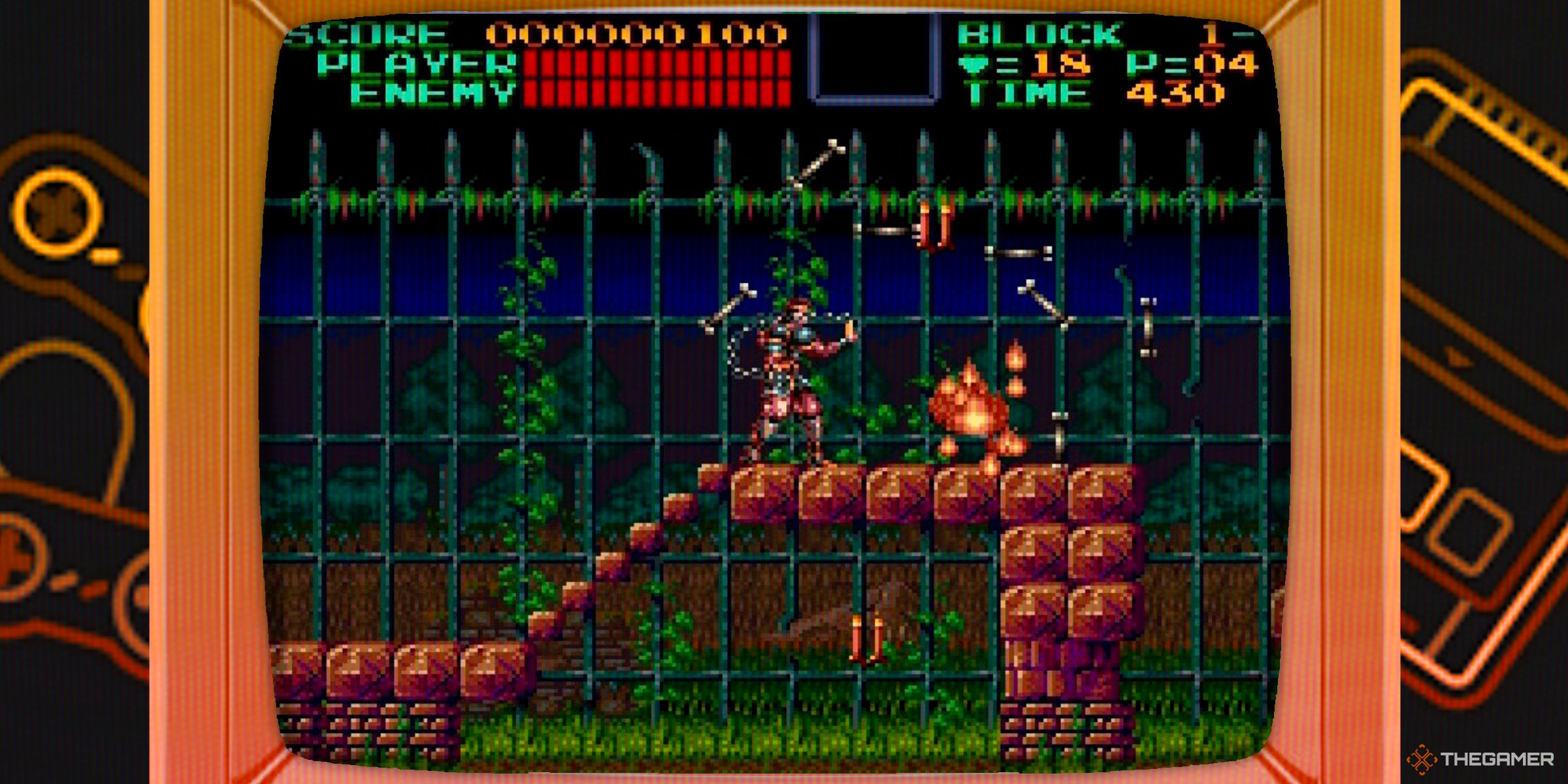 Simon Belmont using his whip to defeat a skeleton enemy in Super Castlevania IV inside of a CRT TV.