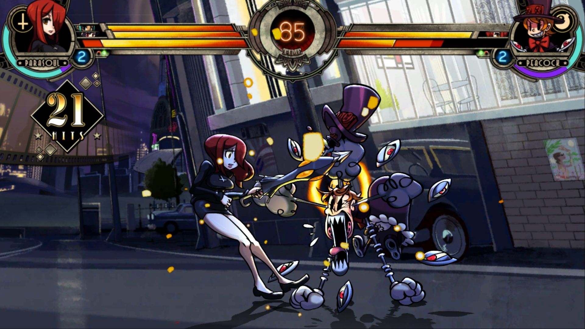 Peacock unleashing a monstrous combo on Parasoul in Skullgirls 2nd Encore.
