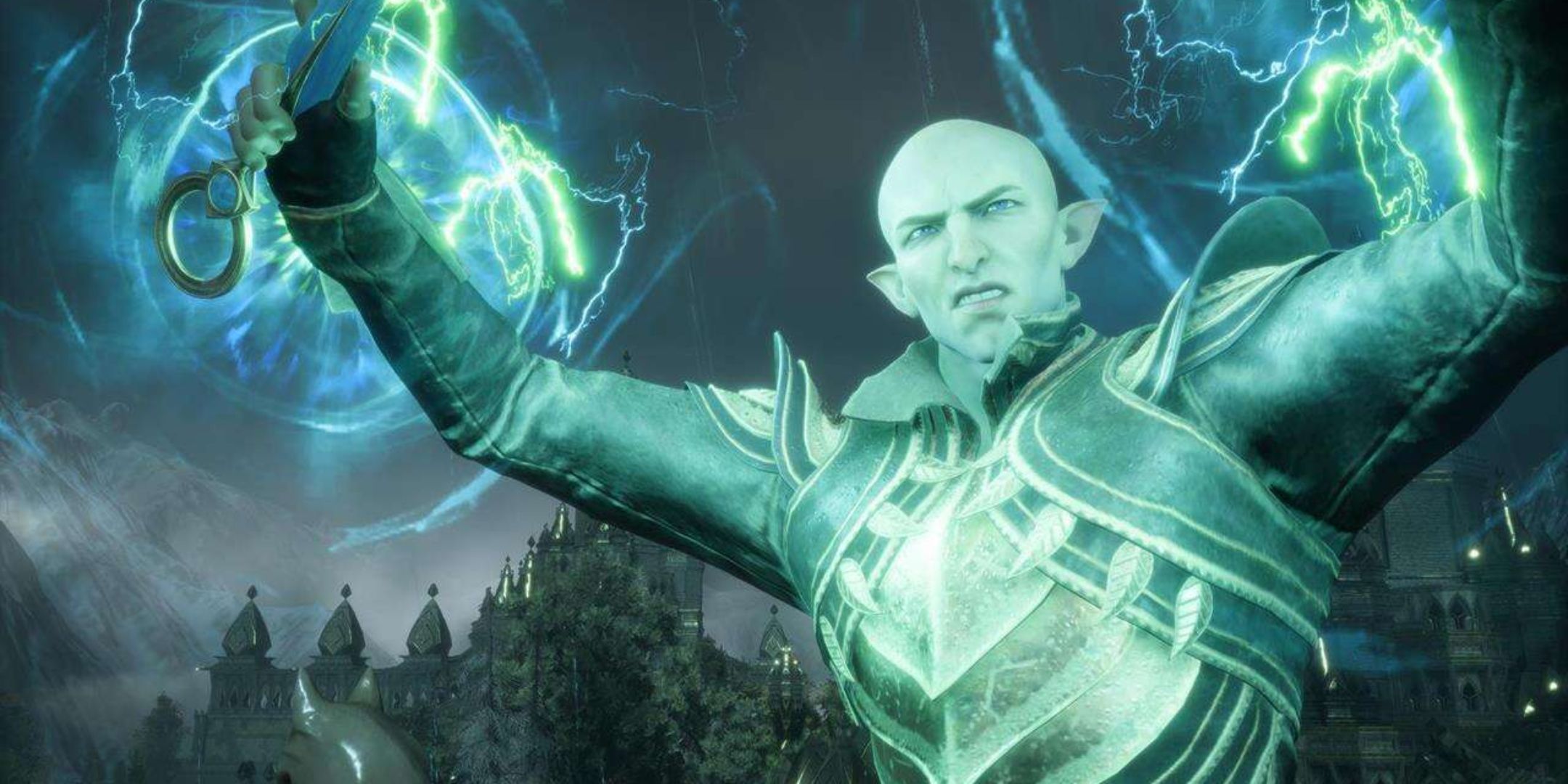 Solas holding a dagger, while his hands glow in Dragon Age The Veilguard.
