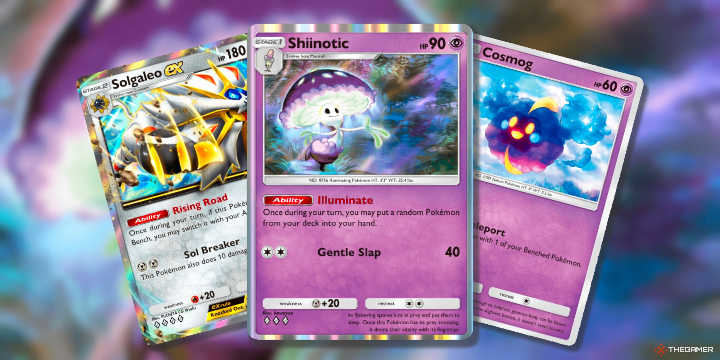 Solgaleo Ex (A3-122), Shinotic (A3a-27), And Cosmog (A3-85) Pokemon Cards From Pokemon TCG Pocket.