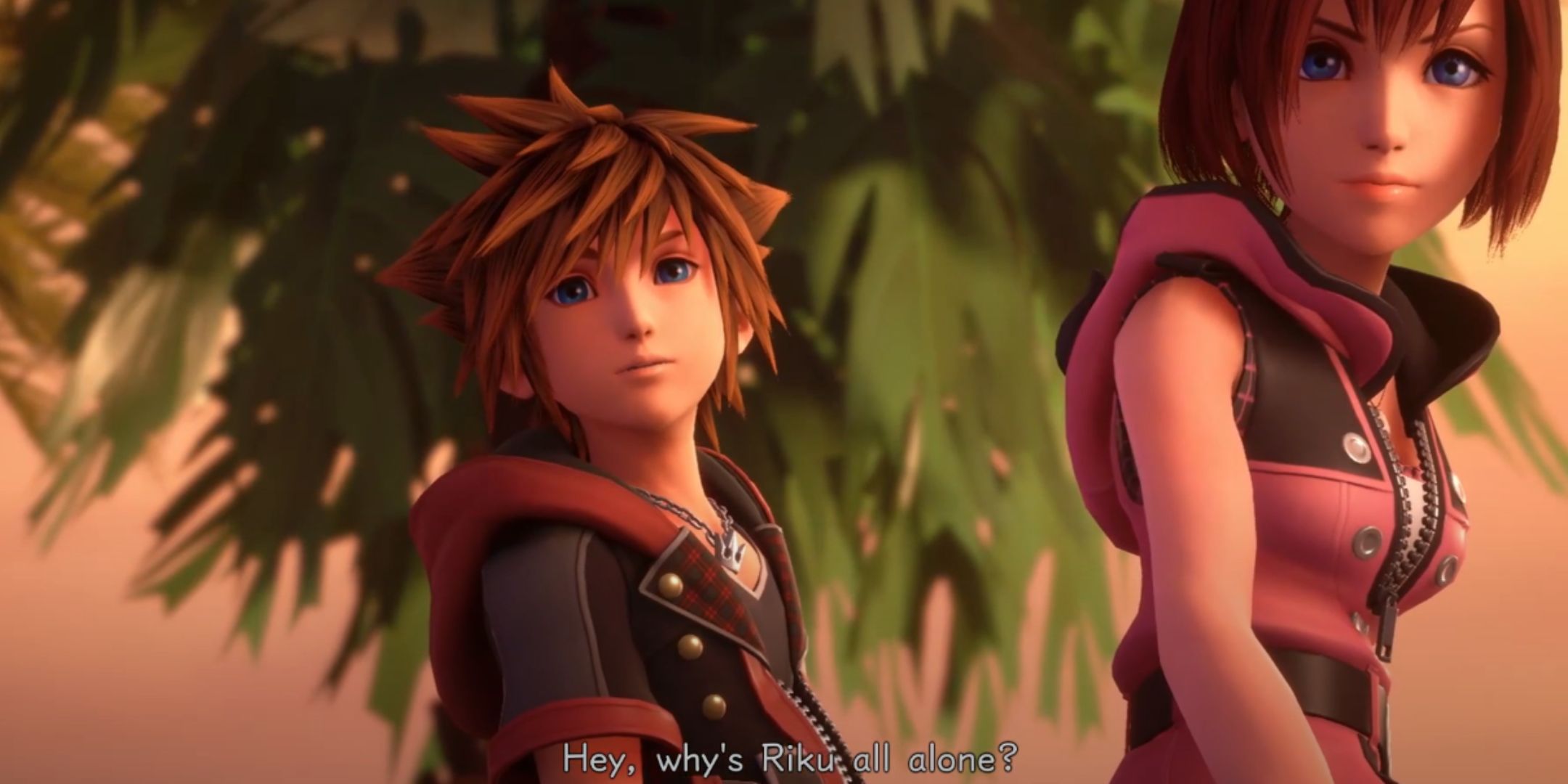 Sora looking behind Kairi as they look at something behind the camera in Kingdom Hearts 3.