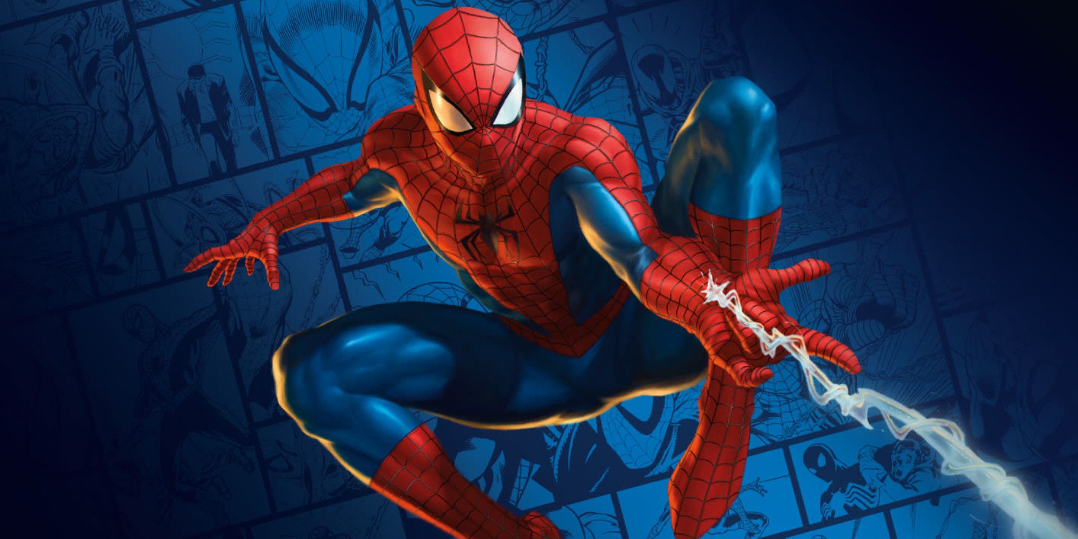Spider-Man web-zipping towards the camera.
