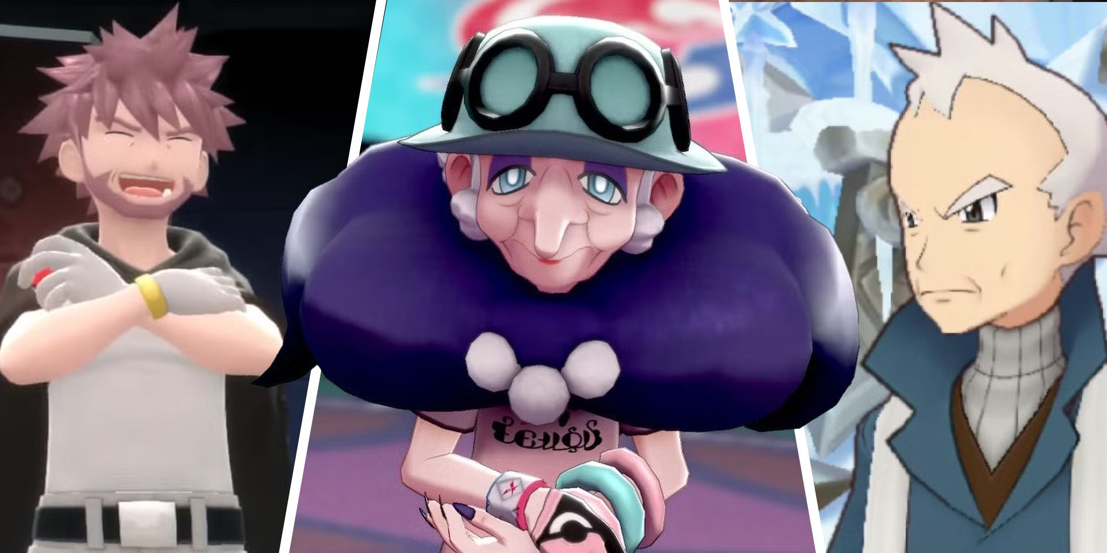 Split image showing screenshots of Gym Leaders Pryce, Opal, and Byron.