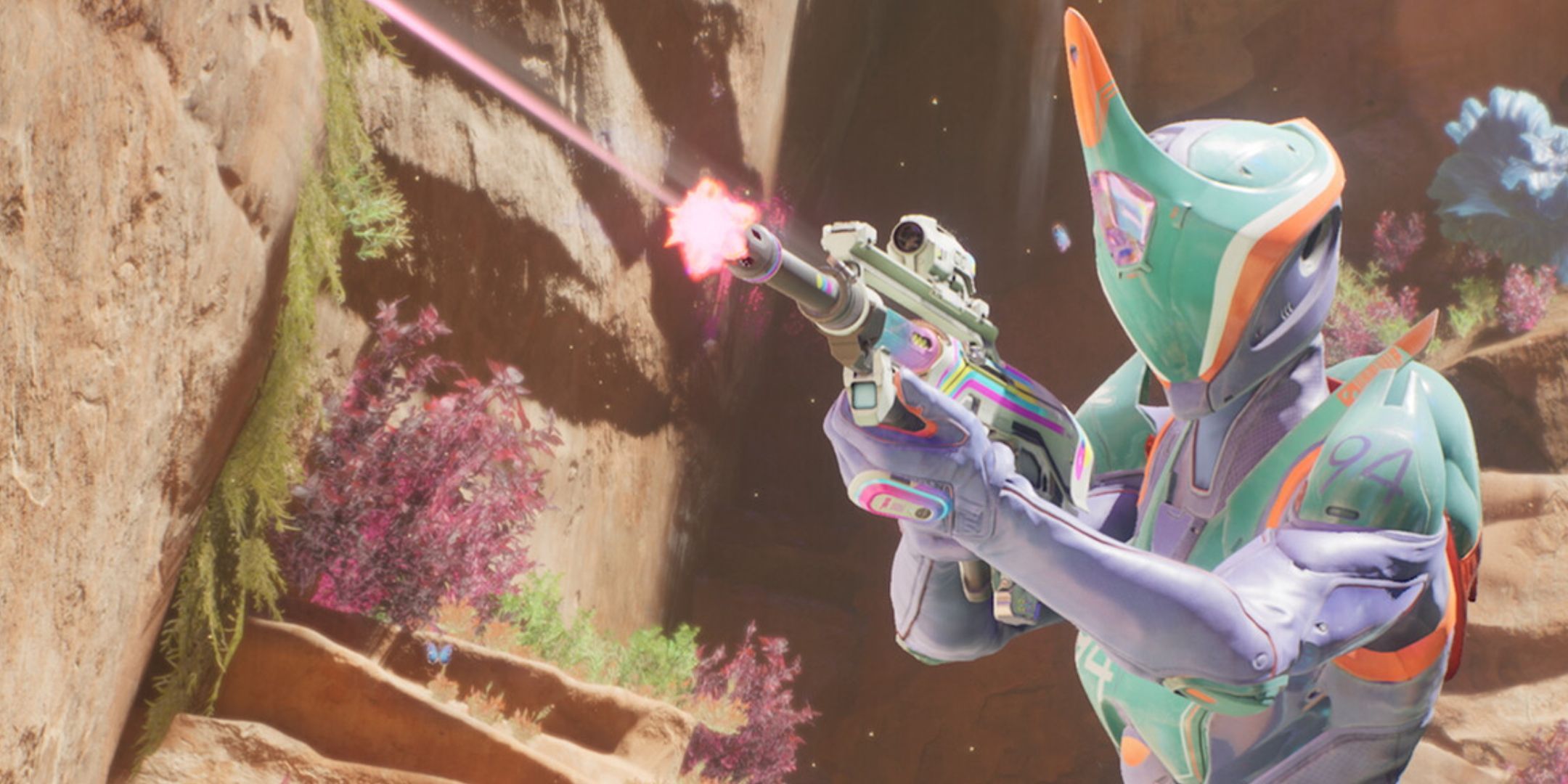 A character shooting a laser gun in Splitgate 2