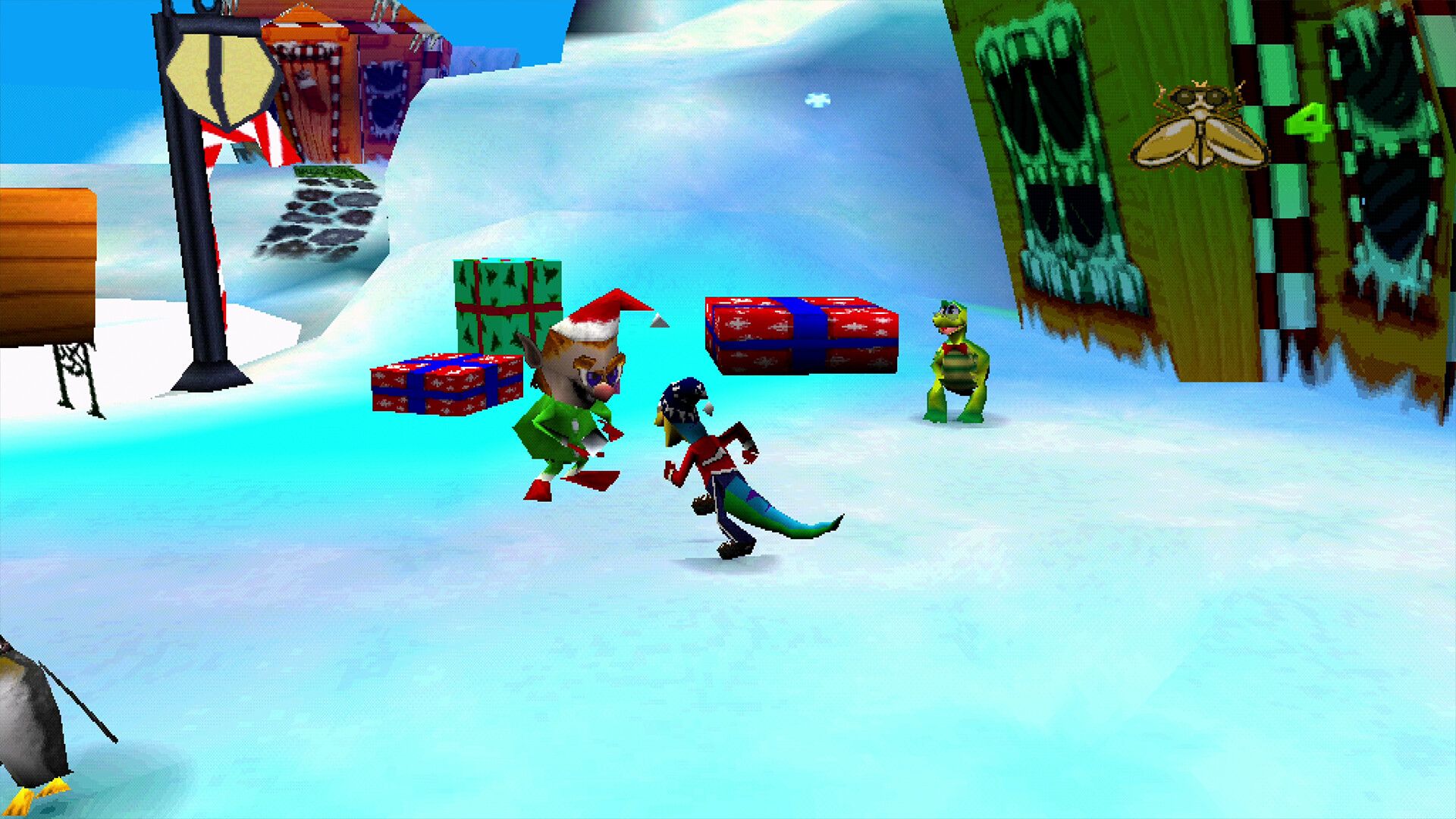Gex runs through a christmas level in Gex: Enter The Gecko. 