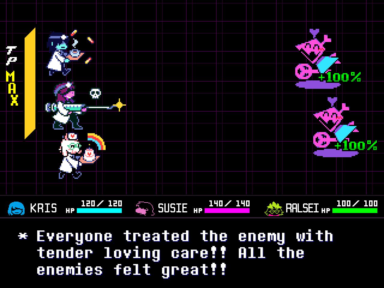 The entire party dress up as doctors to treat their enemies in Deltarune. 