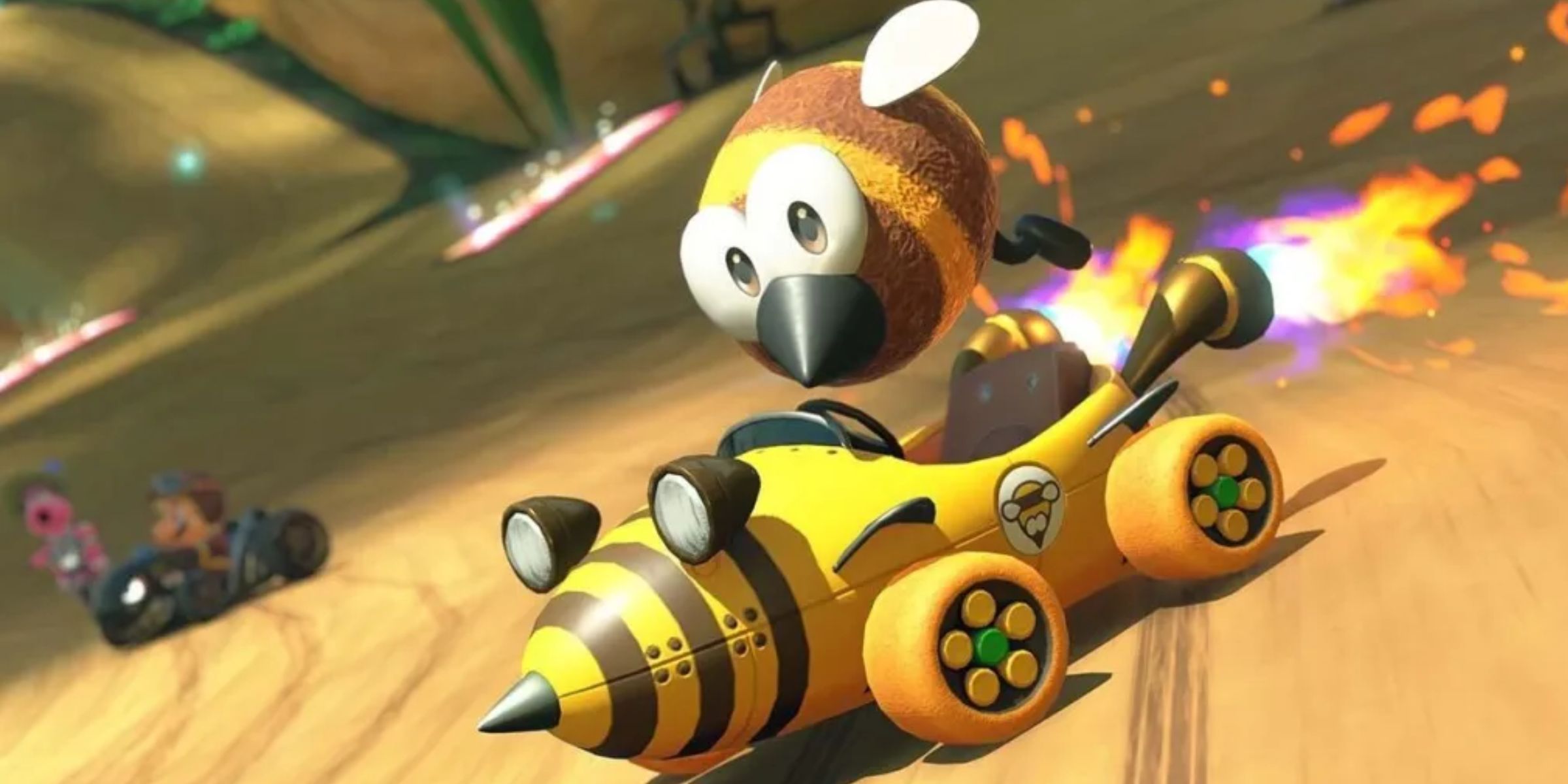Stingby drifting through Acorn Heights in Mario Kart World.