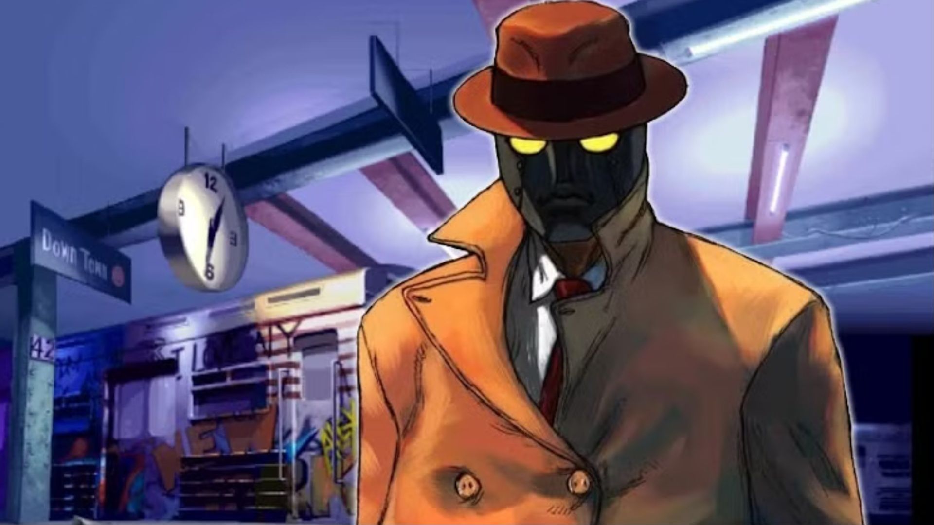 Q standing in the Metro City subway in Street Fighter III: Third Strike.