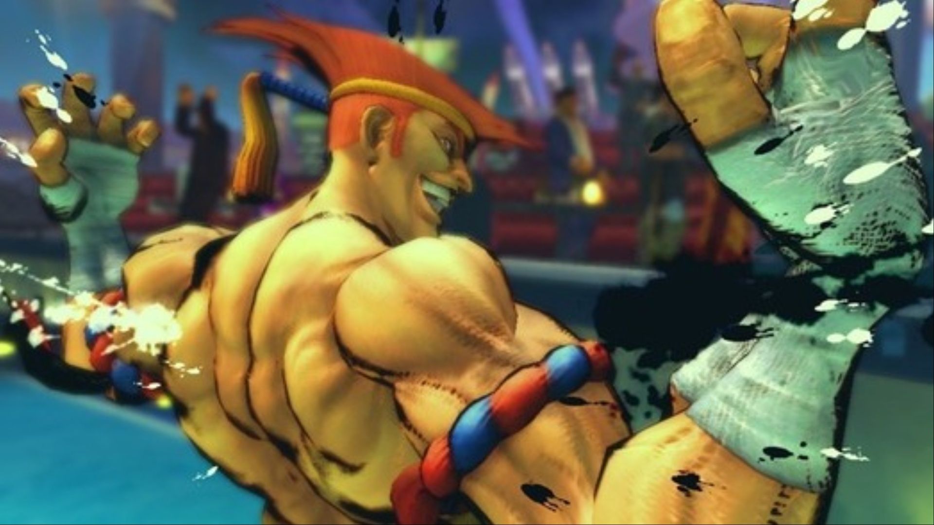 Adon flexing his muscles after winning in Street Fighter IV.