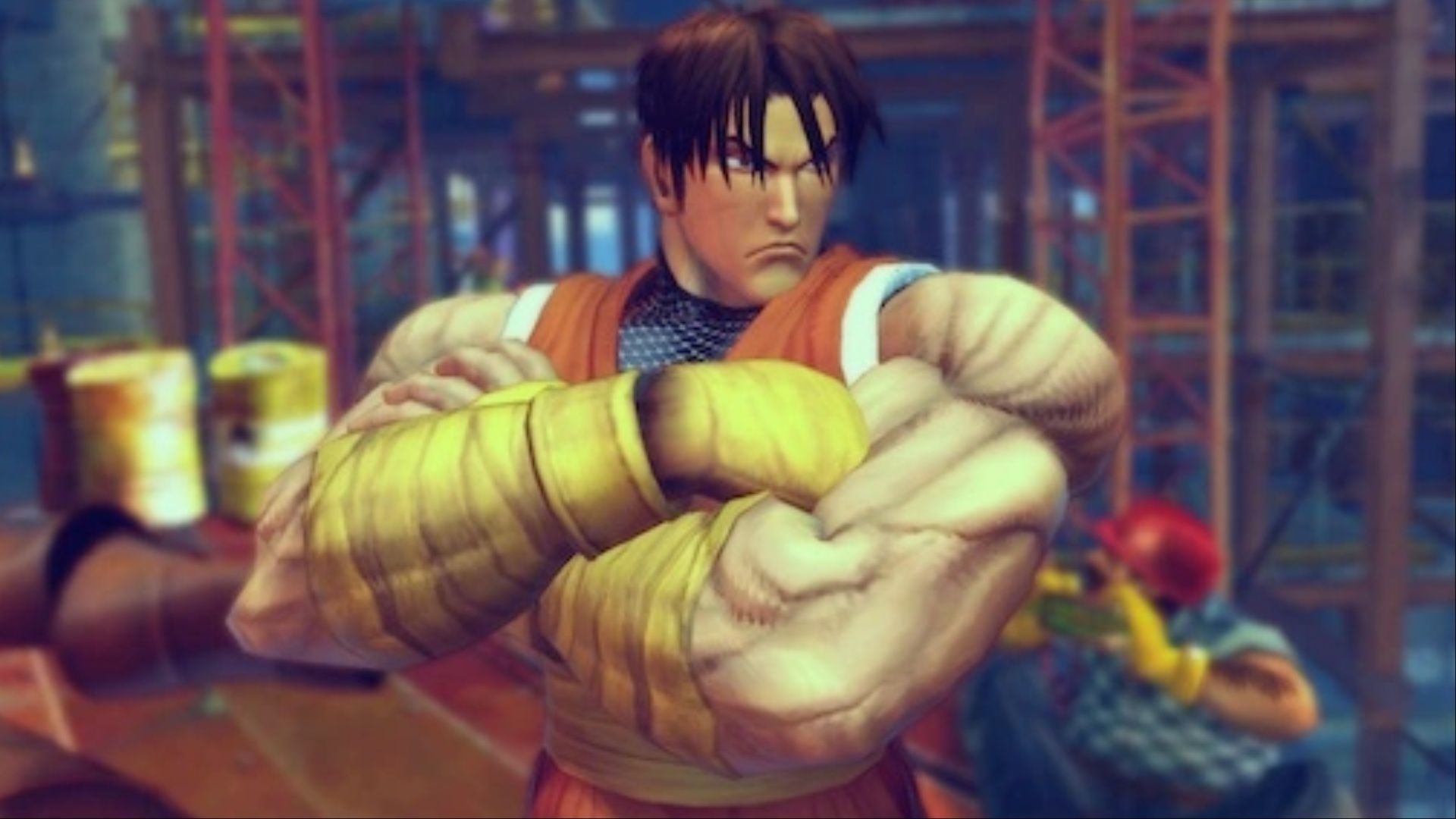 Guy crossing his arms with the look of disgust on his face in Street Fighter IV.