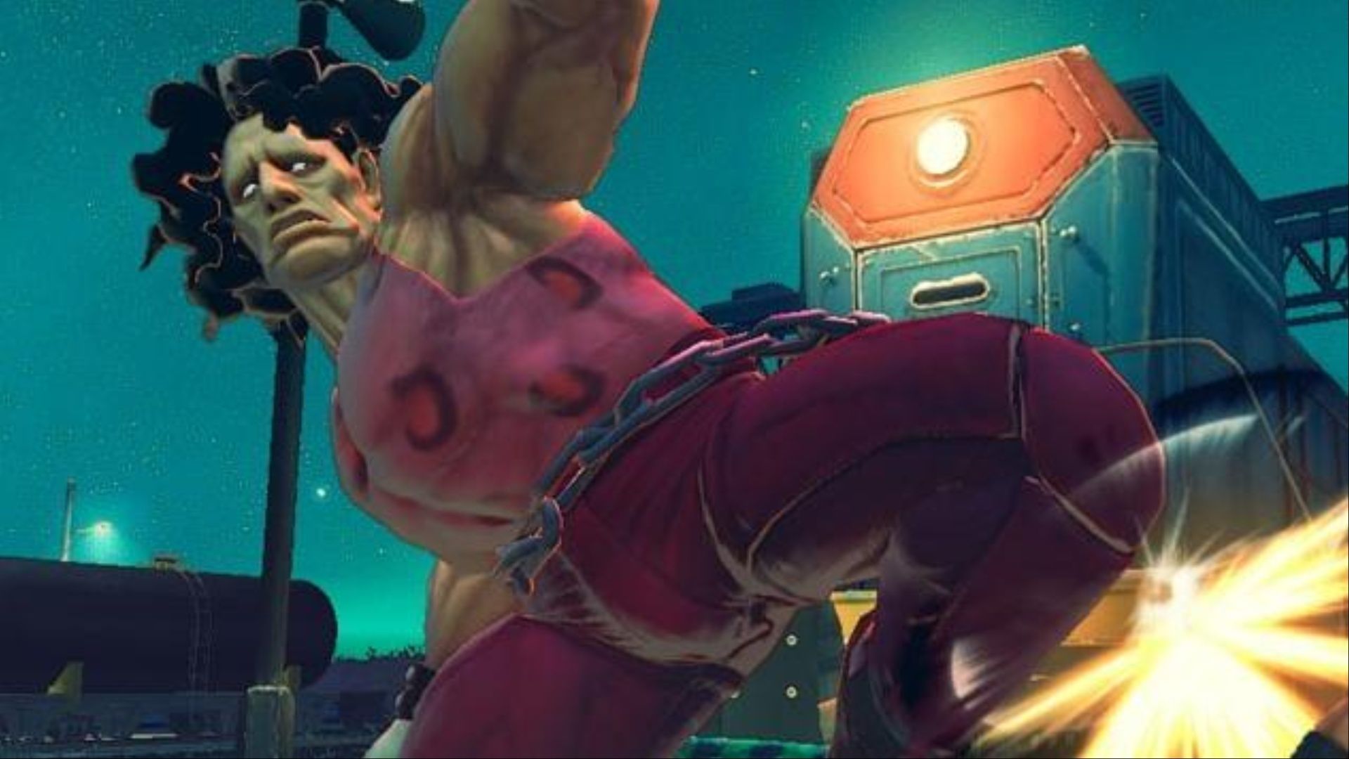 Hugo delivering a knee strike on his opponent in Street Fighter IV.