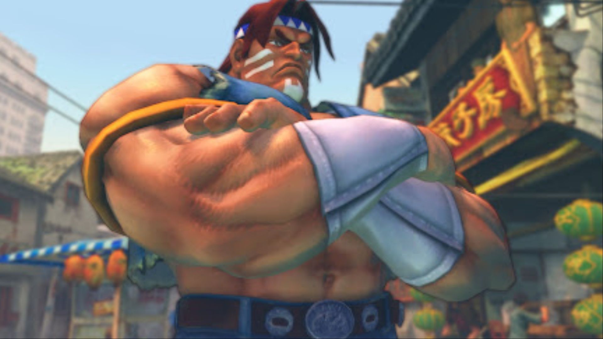 Thunder Hawk posing with his arms crossed and a serious look on his face in Street Fighter IV.