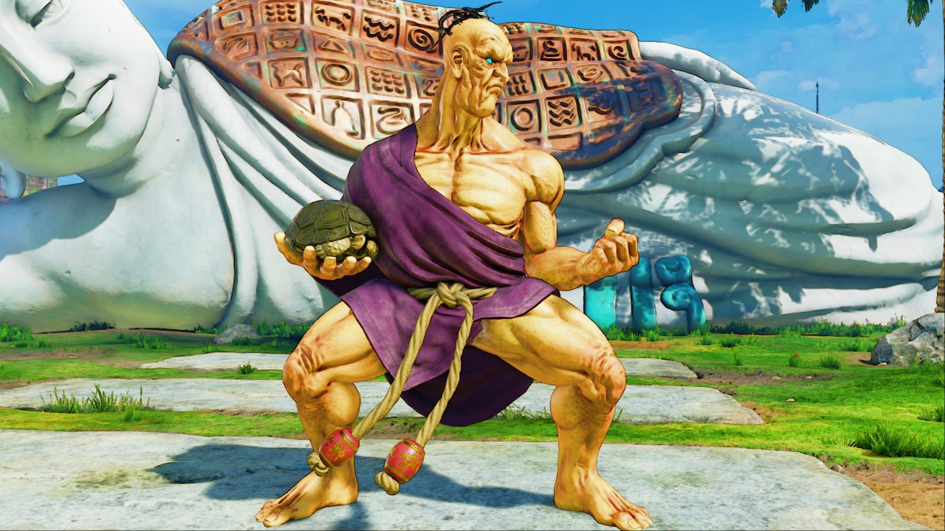 Oro holding a turtle while in his combat stance in Street Fighter V.