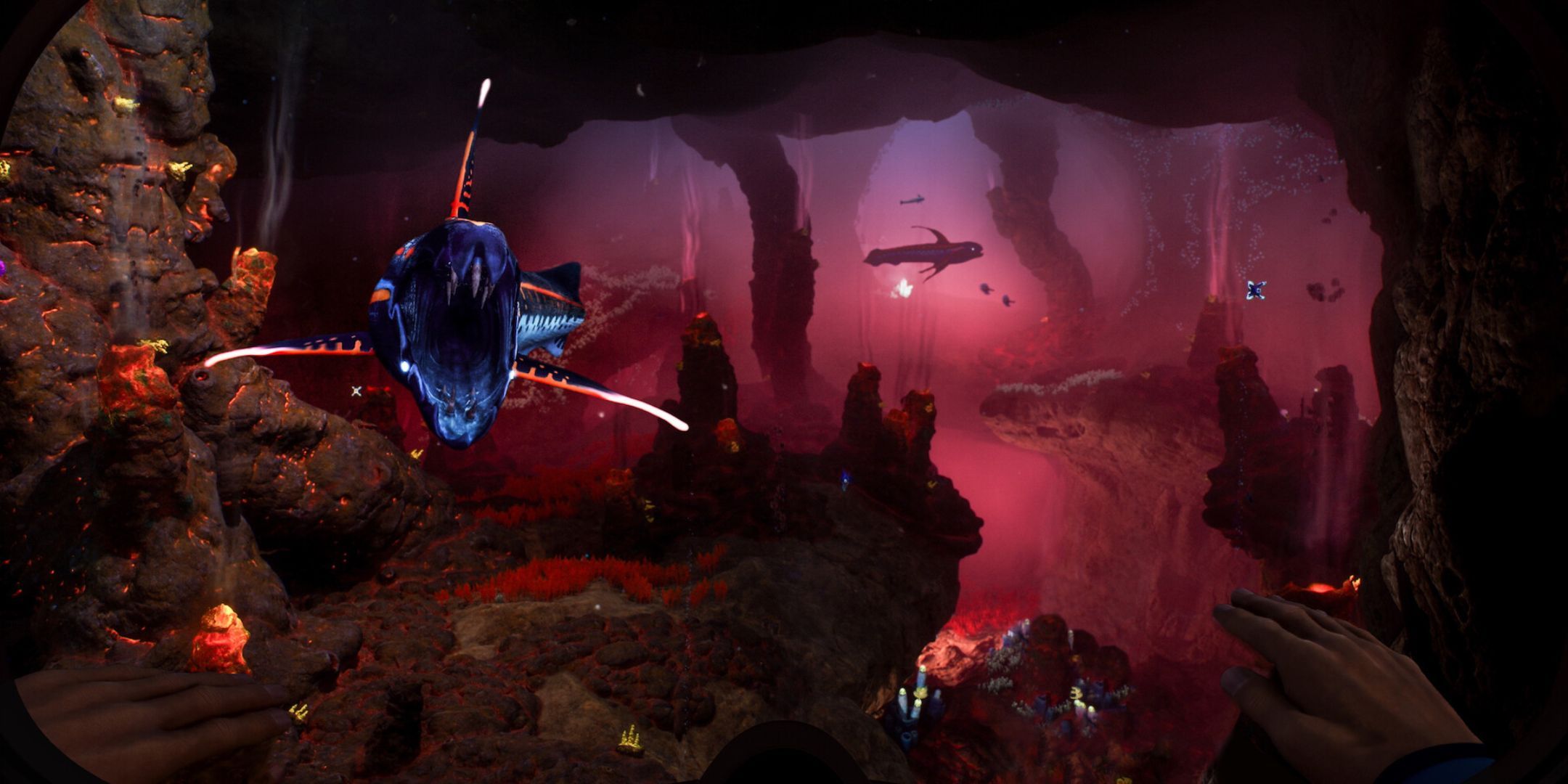 A Subnautica 2 player coming face-to-face with a scary fish.