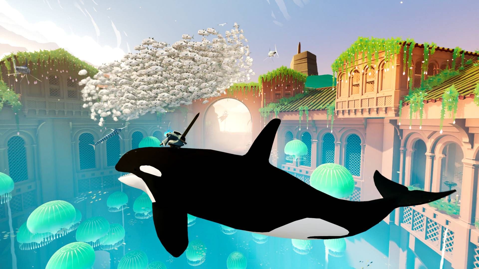 Sword Of The Sea Whales And Fish Flying Through The Air.