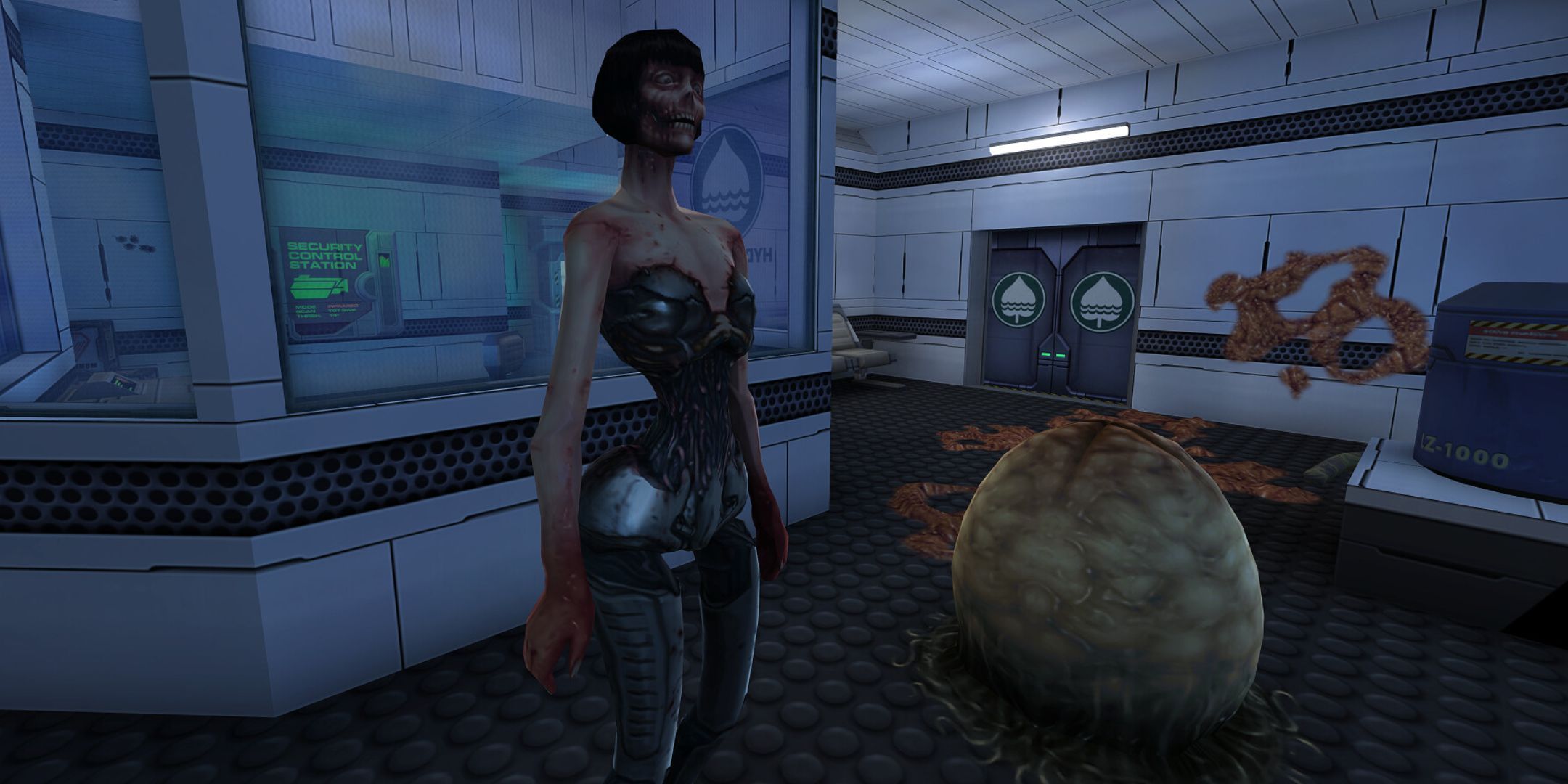 A cyborg midwife from System Shock 2 Remastered standing beside an egg.