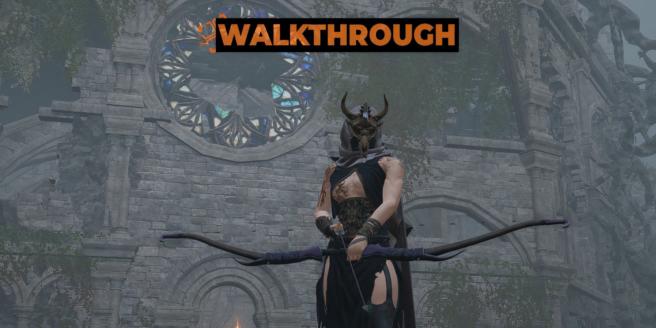 An archer in tainted priestess gear in front of the corrupted temple.