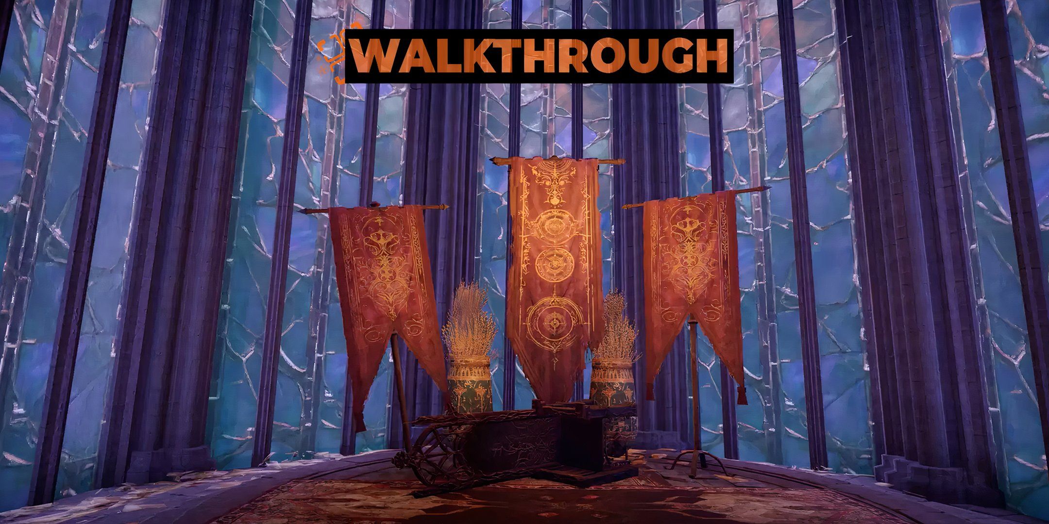 The Sagremor Castle throne room with vibrant banners.