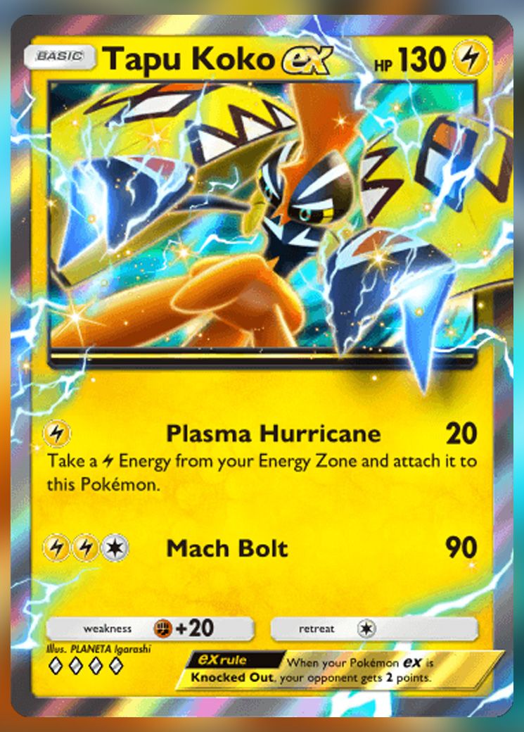 Tapu Koko ex from Extradimensional Crisis in Pokemon TCG Pocket.