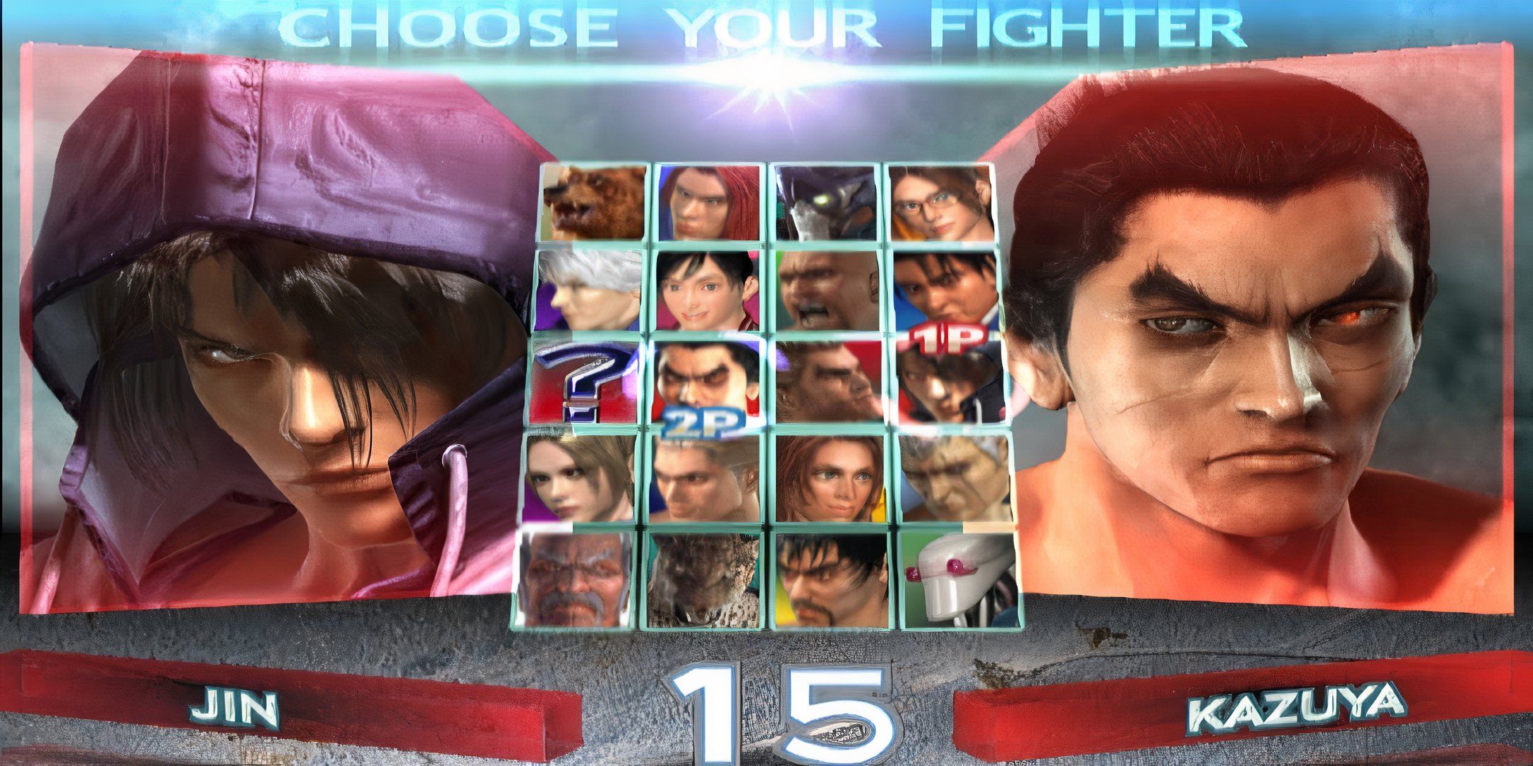 tekken 4 character select screen with Jin and Kazuya selected.