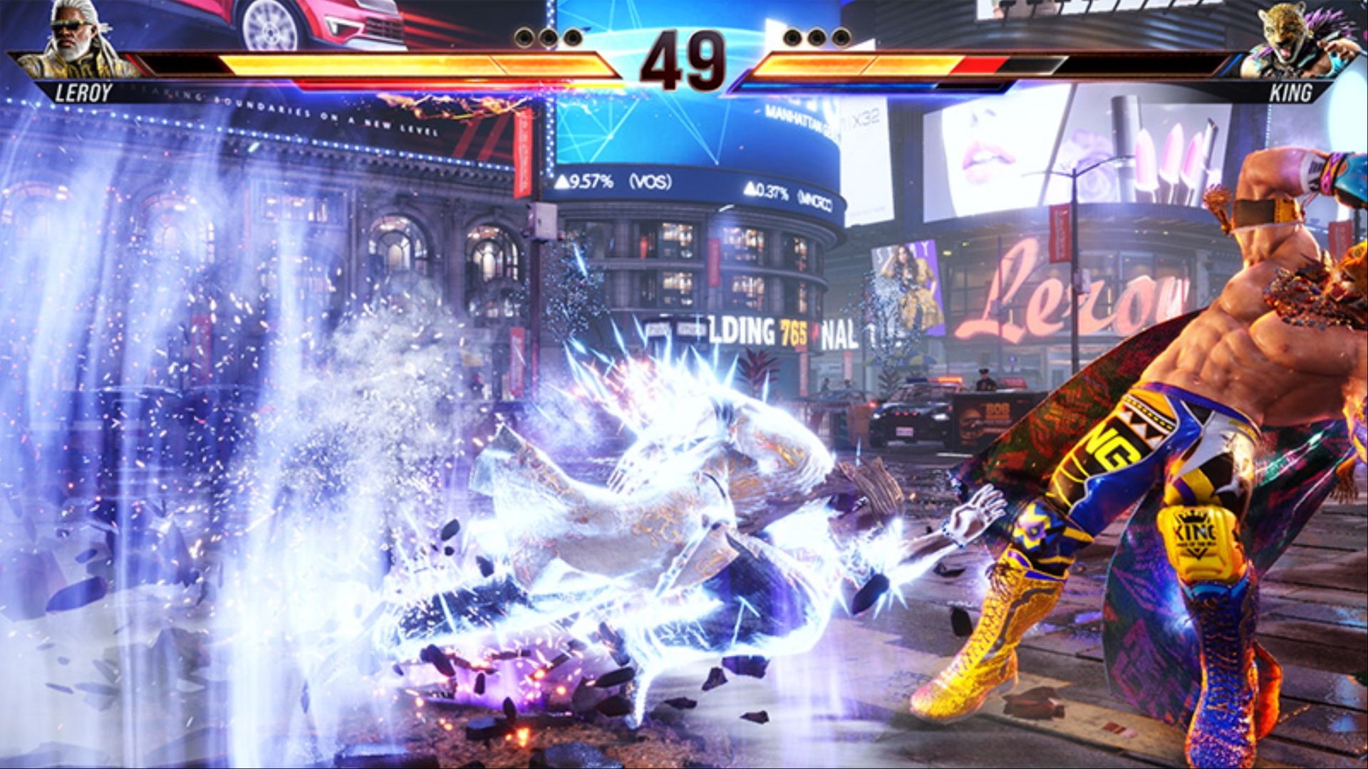 Leroy activating Heat and chipping King's health, leaving Recoverable Gauge behind in Tekken 8.