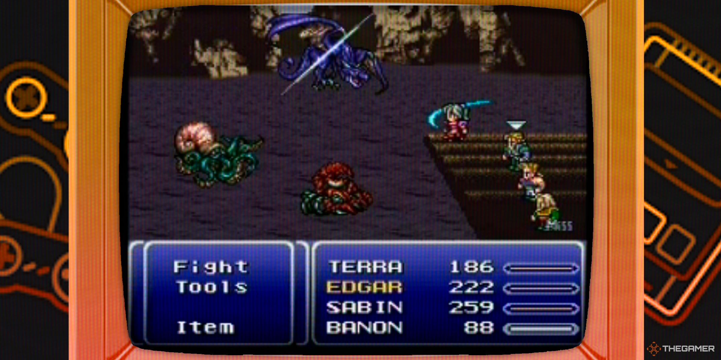 Terra, Edgar, Sabin and Banon in a battle in a cave in Final Fantasy III inside of a CRT TV.