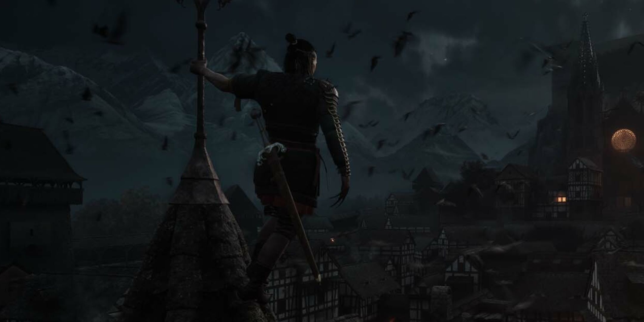 Coen from The Blood of Dawnwalker hanging from a tower at nighttime.