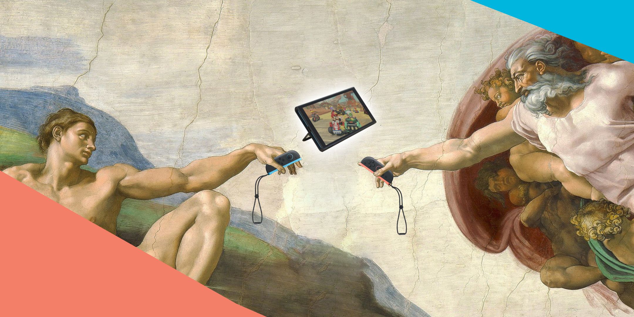 The Creation of Adam painting with Nintendo Switch 2 Joycons superimposed in their hands and a Switch 2 console floating between them.