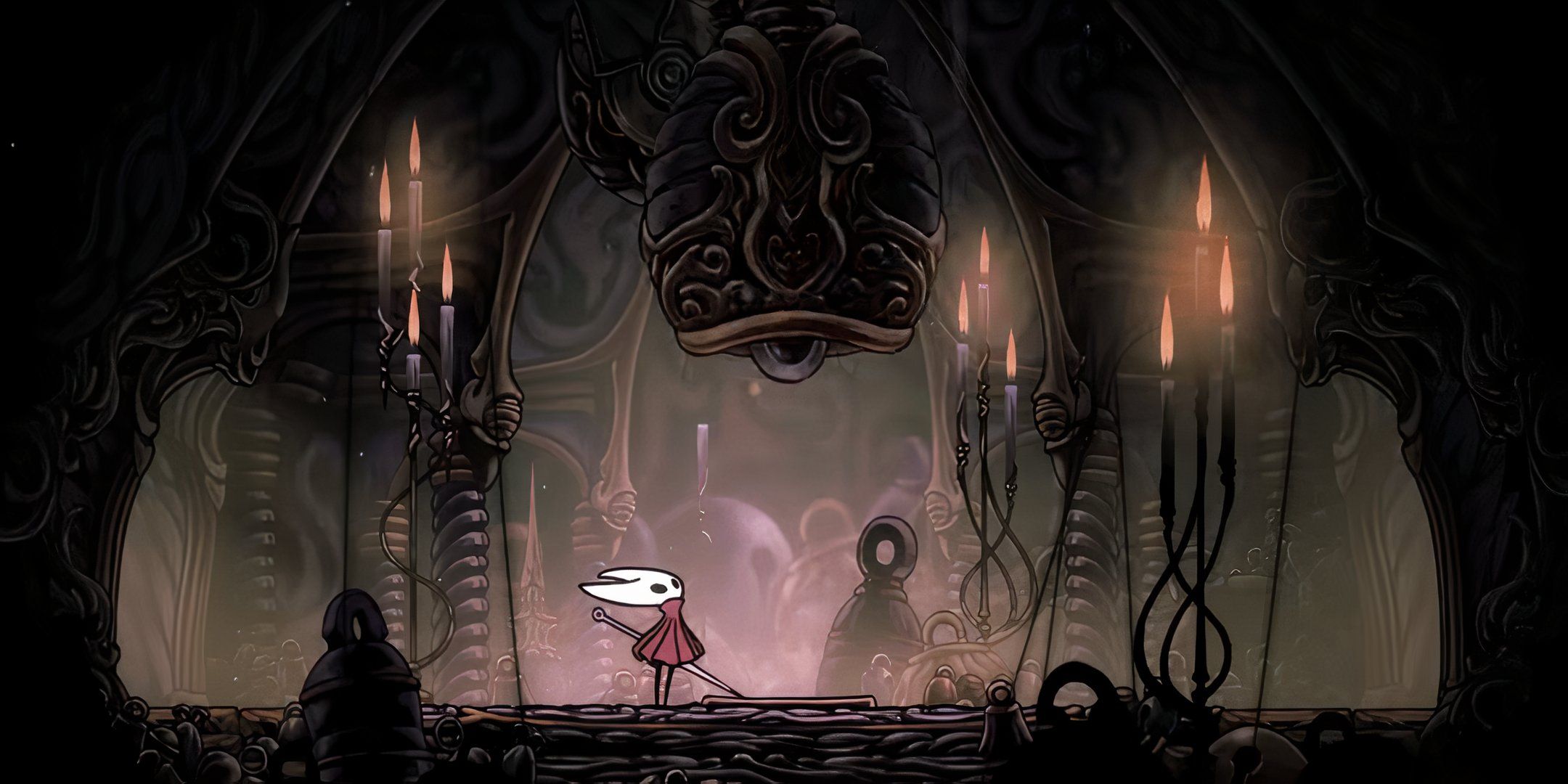 The Hornet staring up at a bell in hollow knight silksong.