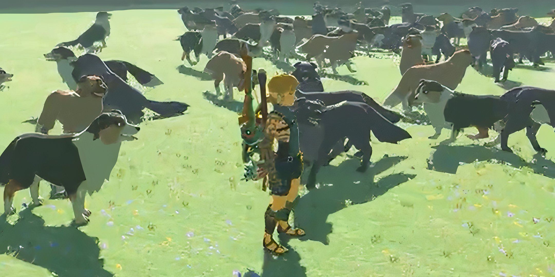 Link standing in a field of dogs in The Legend of Zelda: Tears of the Kingdom.