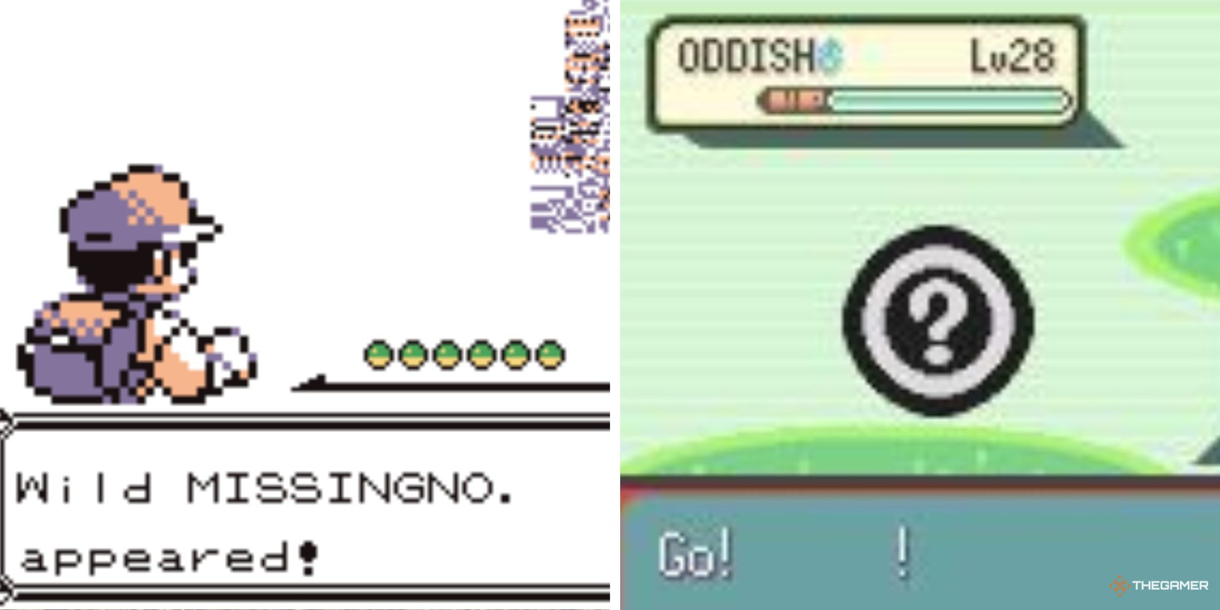 The Player Facing A Glitch Pokemon In Pokemon Red Named MissingNo. Alongside A Player With A Glitched Pokemon To Battle An Oddish In Pokemon Ruby.