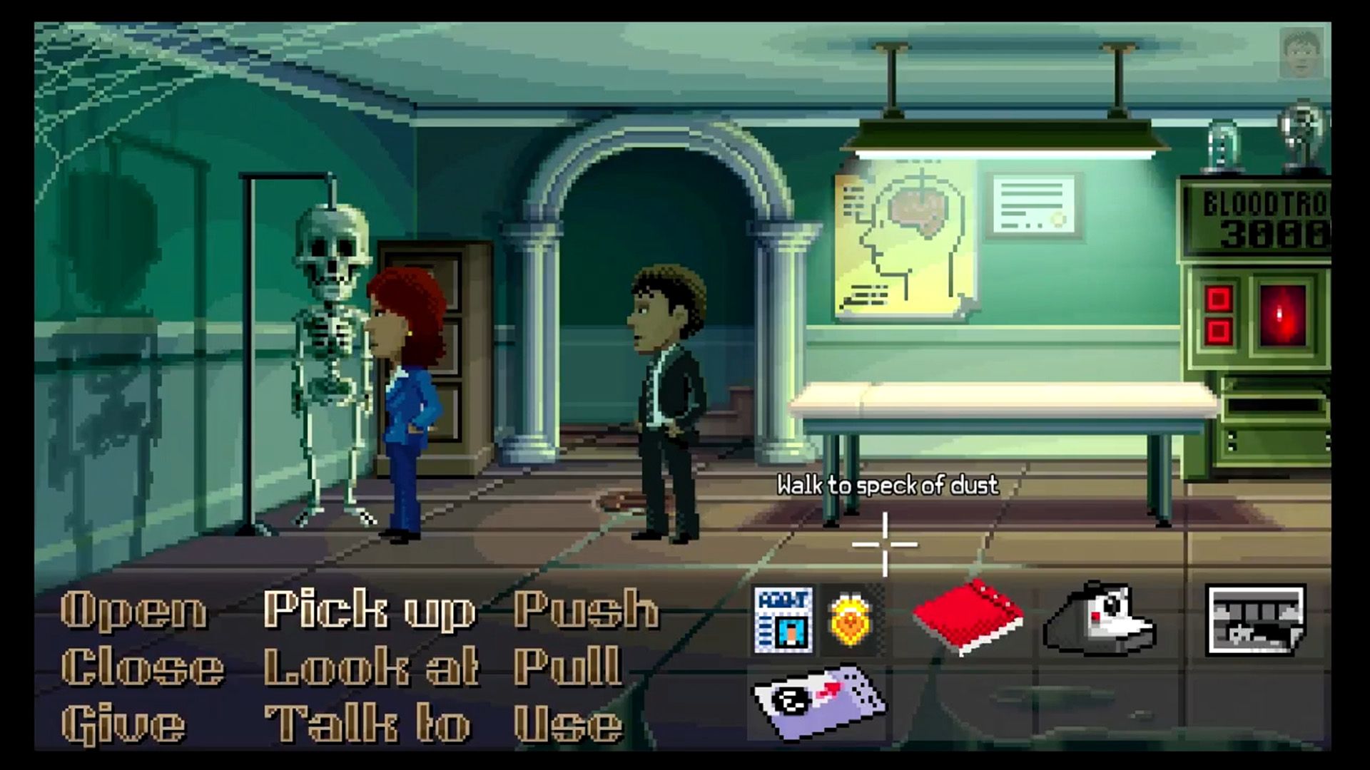 The player finds a speck of dust in a room with a skeleton in Thimbleweed Park.