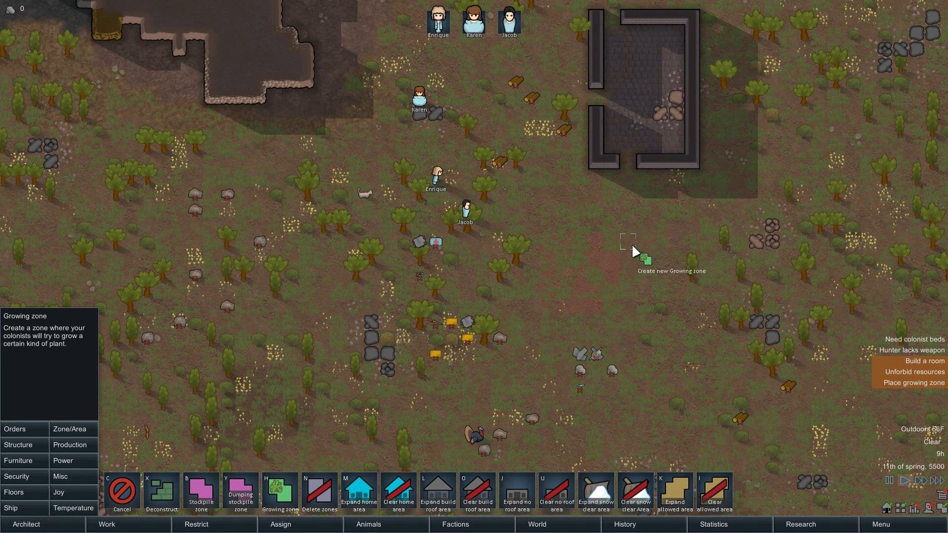 The player is about to create a growing zone in Rimworld.