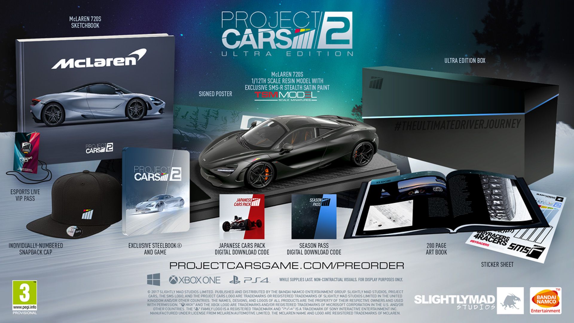 The Project CARS 2 image shows all the collectibles included in the Ultra Edition
