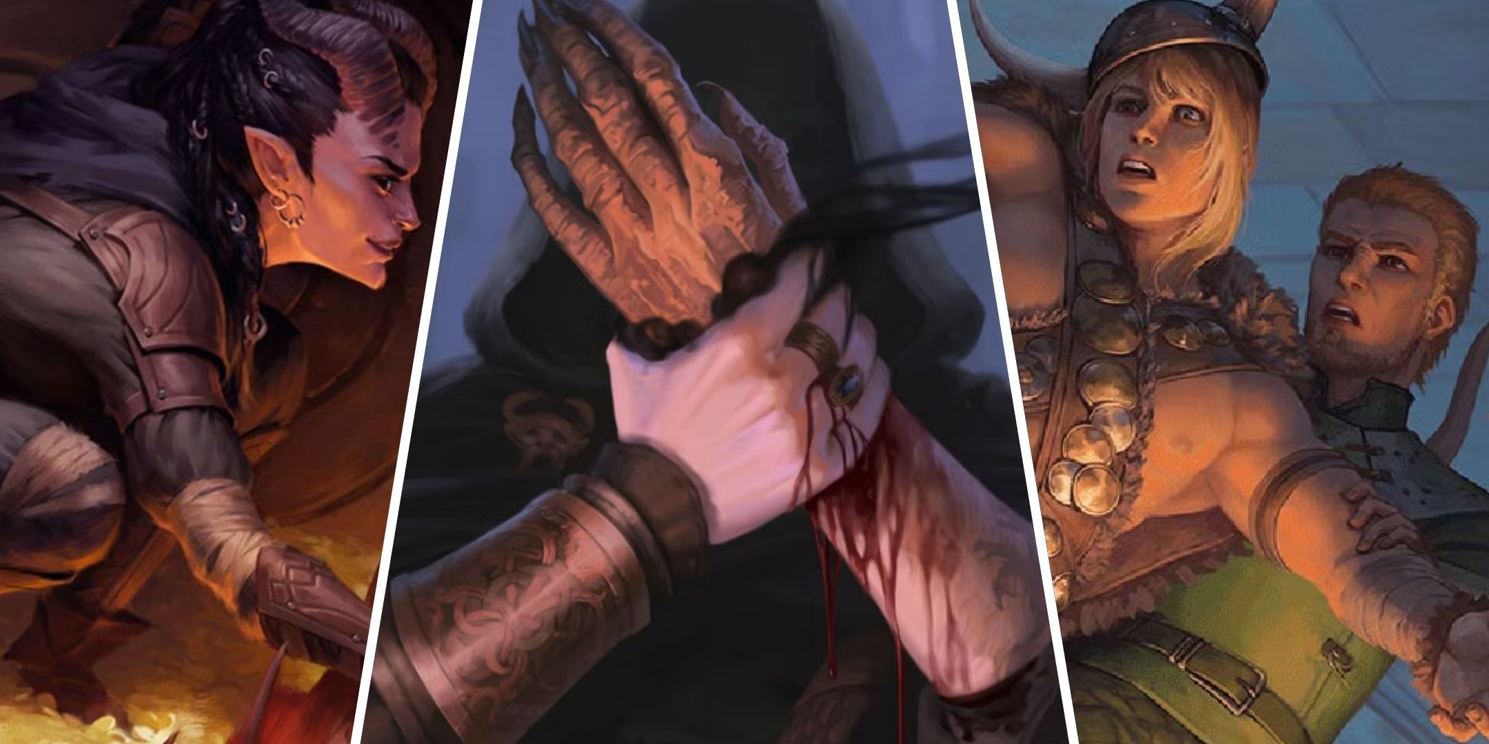 A tiefling rogue, an adventurer with the hand of vecna, and a barbarian and a ranger, from Dungeons & Dragons (DND).