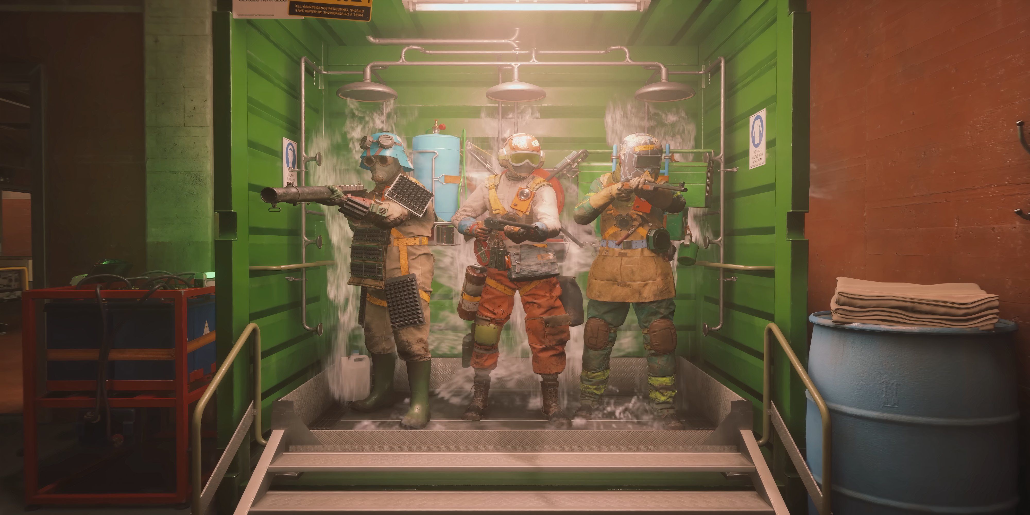 three fbc firebreak players standing in a decontamination shower.