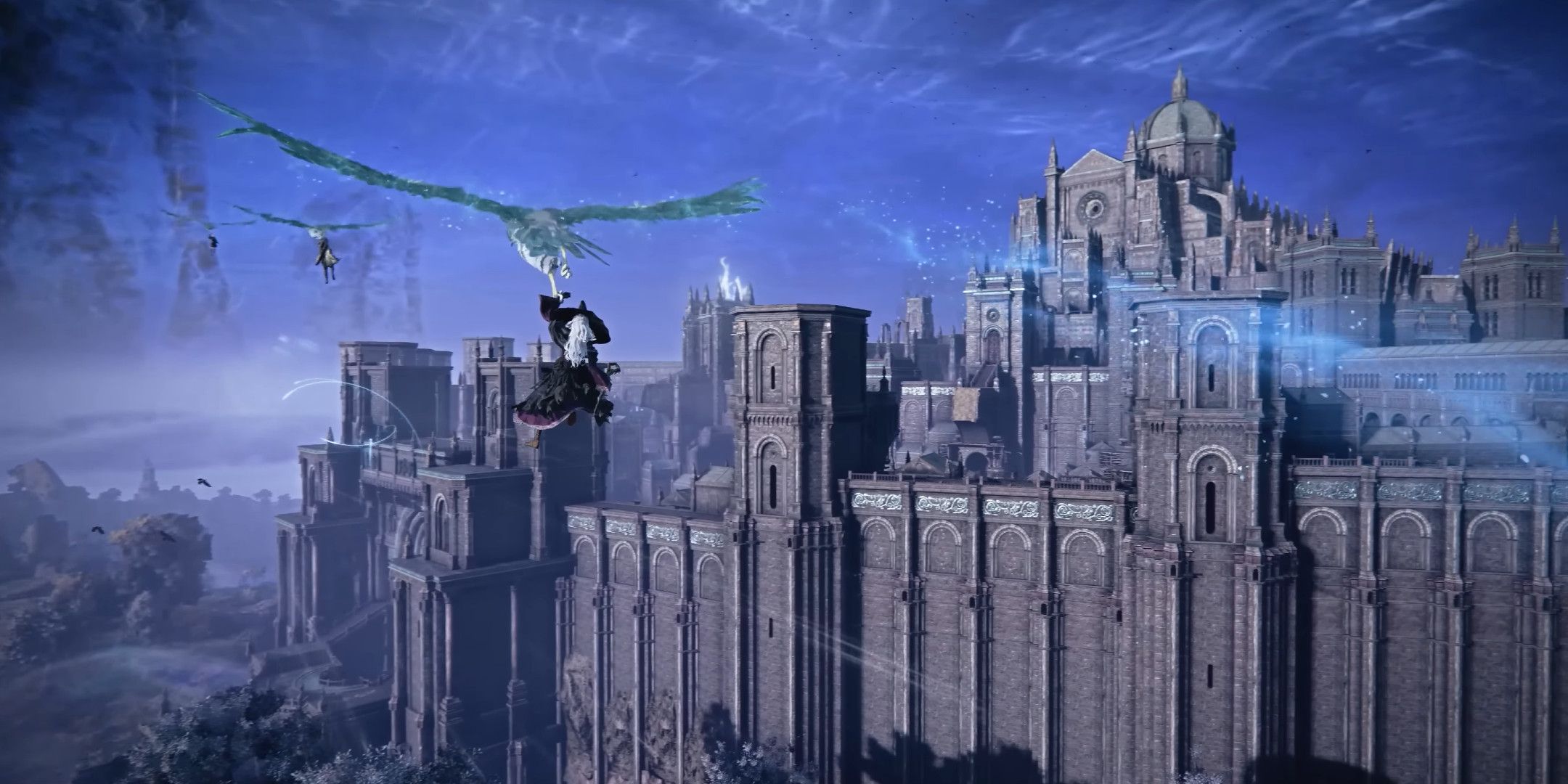 Three people flying on eagles next to a large city.