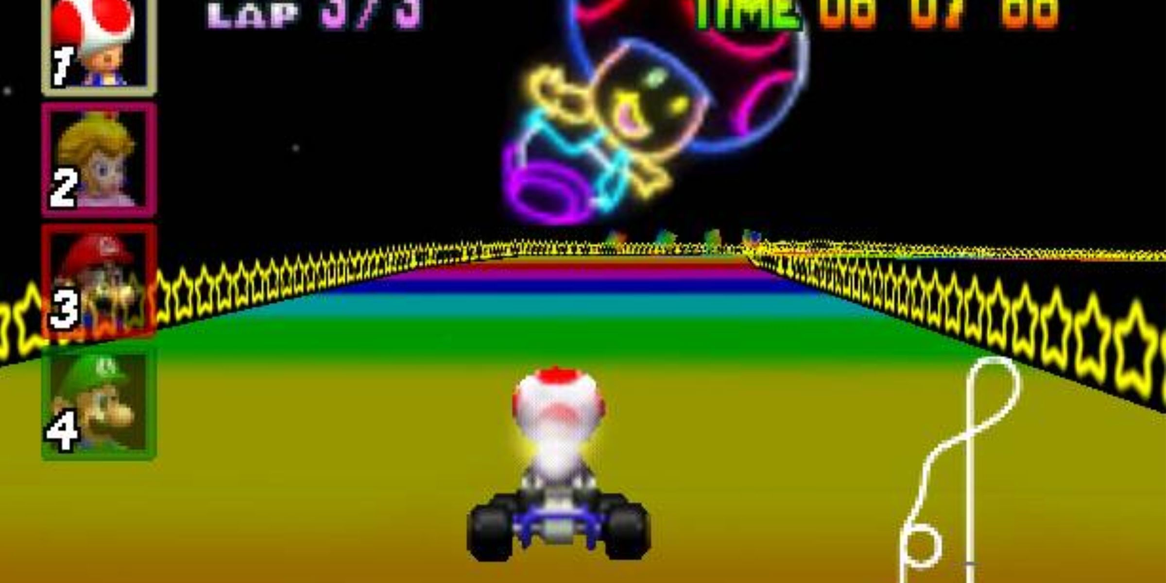 Toad racing along Rainbow Road in Mario Kart 64.
