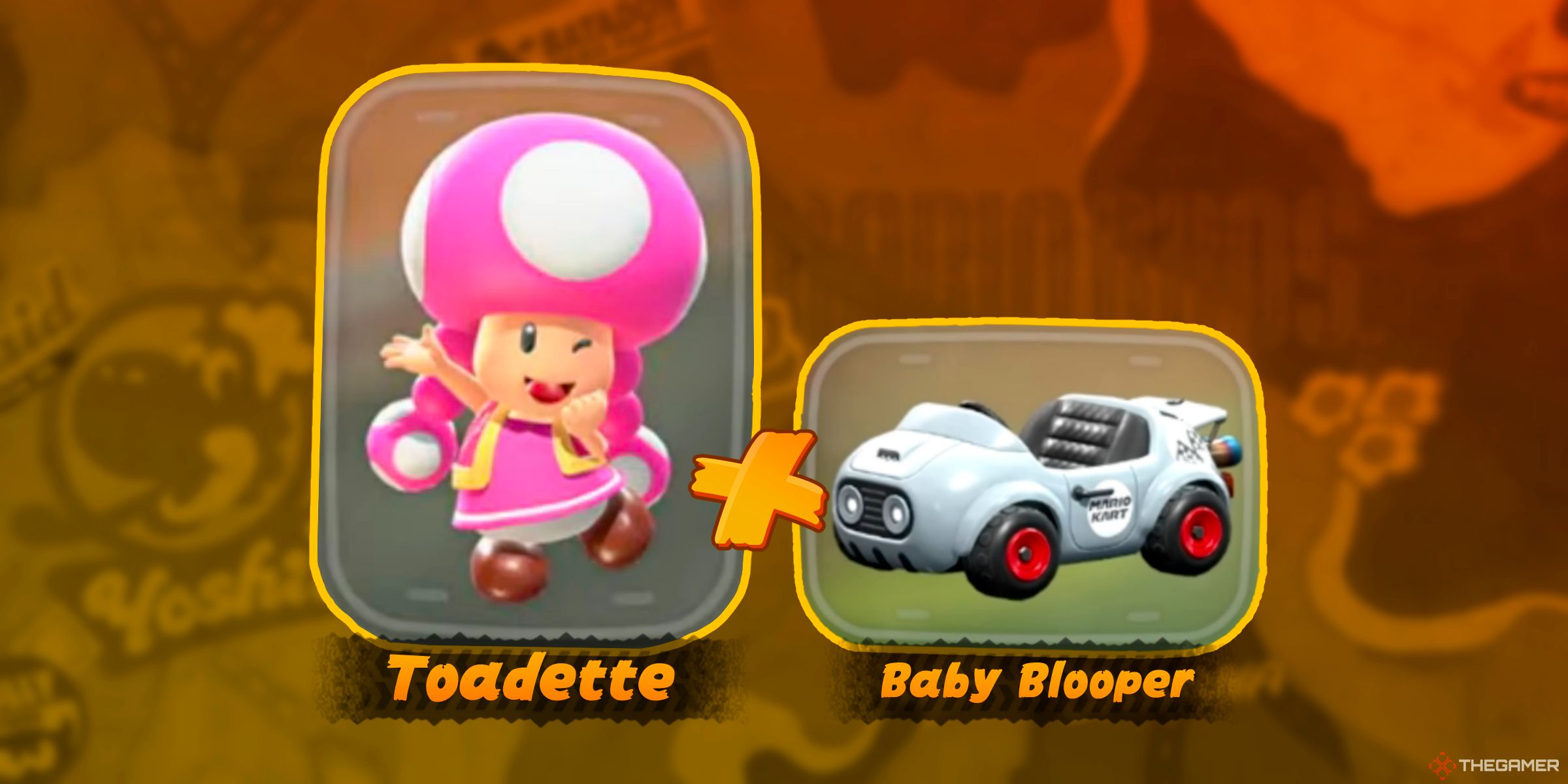 Toadette next to the Baby Blooper Kart in Mario Kart World's character selection.