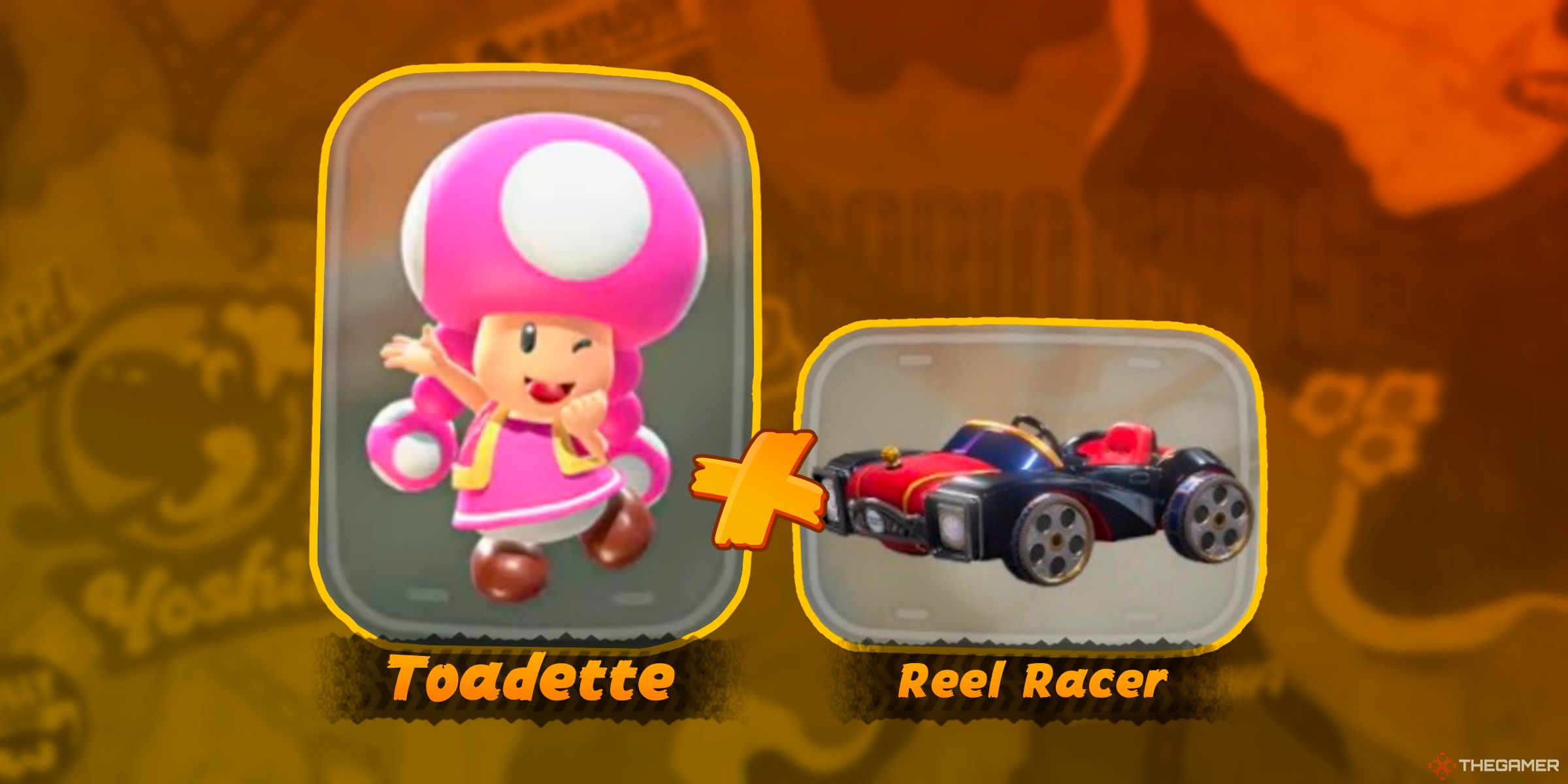 Toadette next to the Reel Racer Kart in Mario Kart World's character selection.