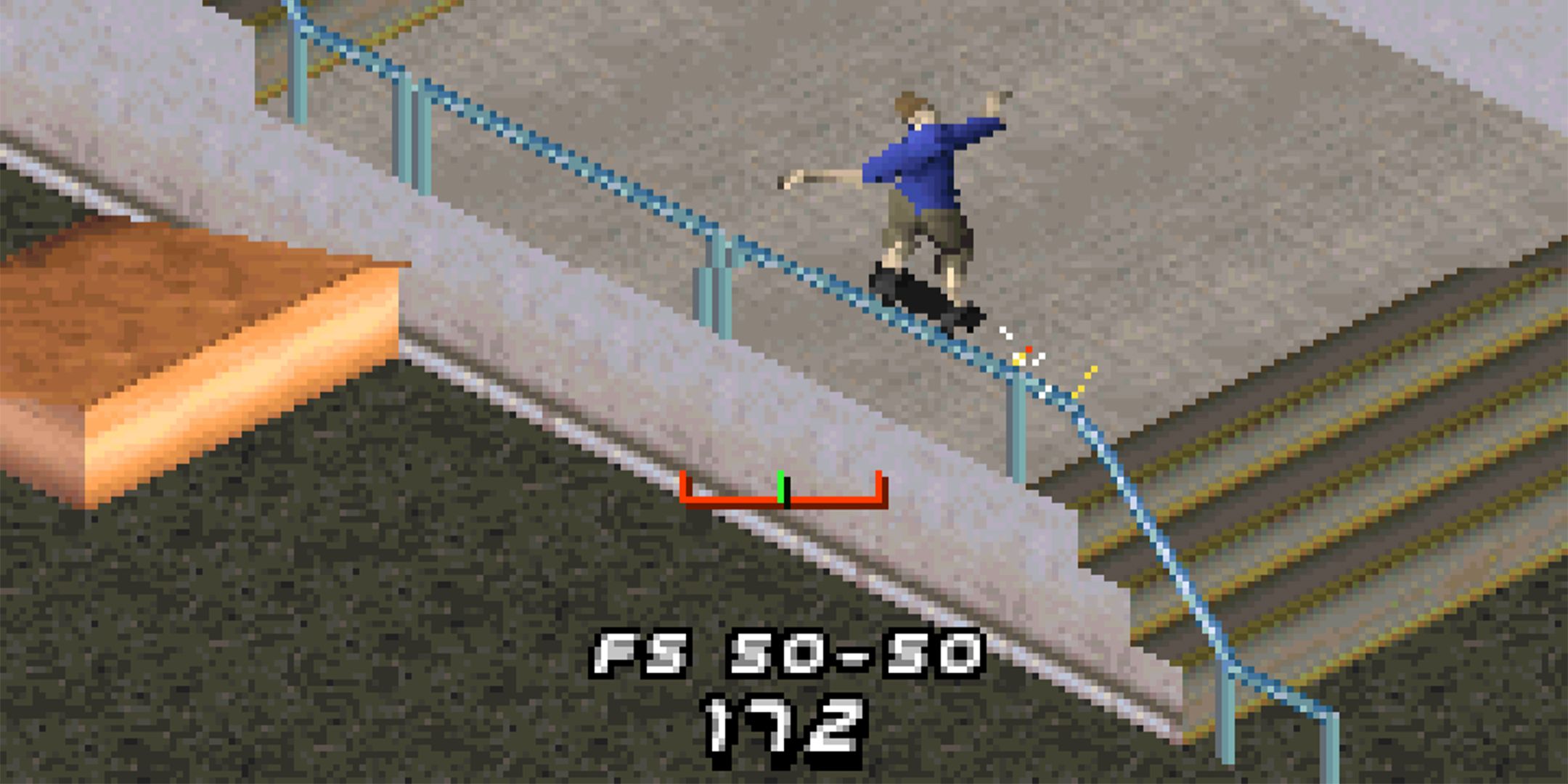 The player grinding on a rail in Tony Hawk's Pro Skater 2 for the GBA.