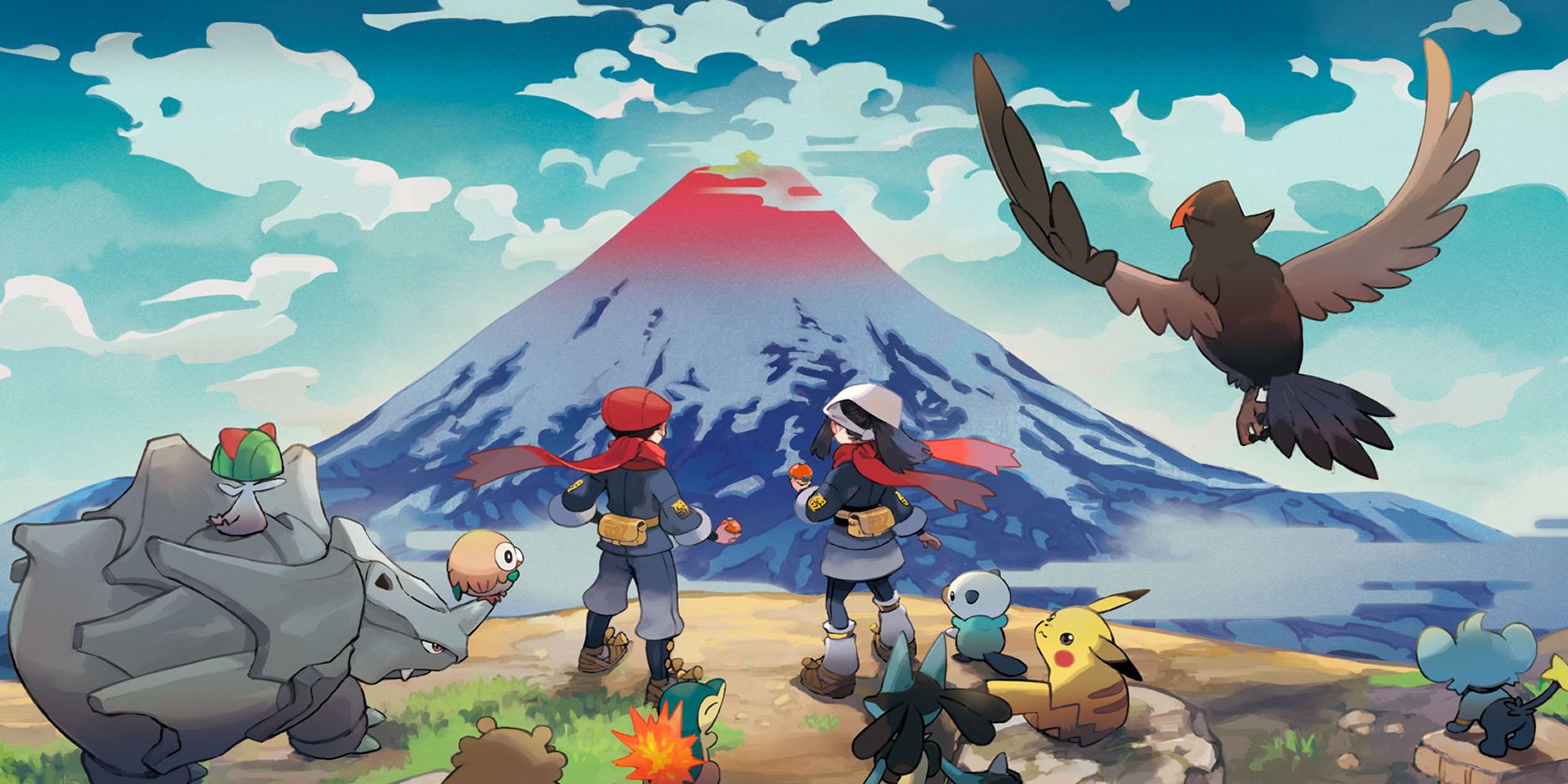 Trainers and Pokemon look out at the region of Pokemon Legends Arceus.