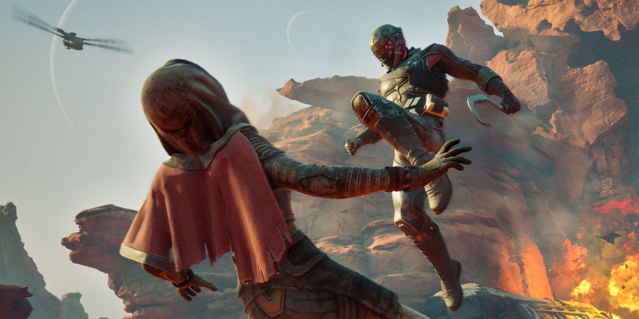Two character in Dune_ Awakening fighting, one of them performing a flying knee attack.