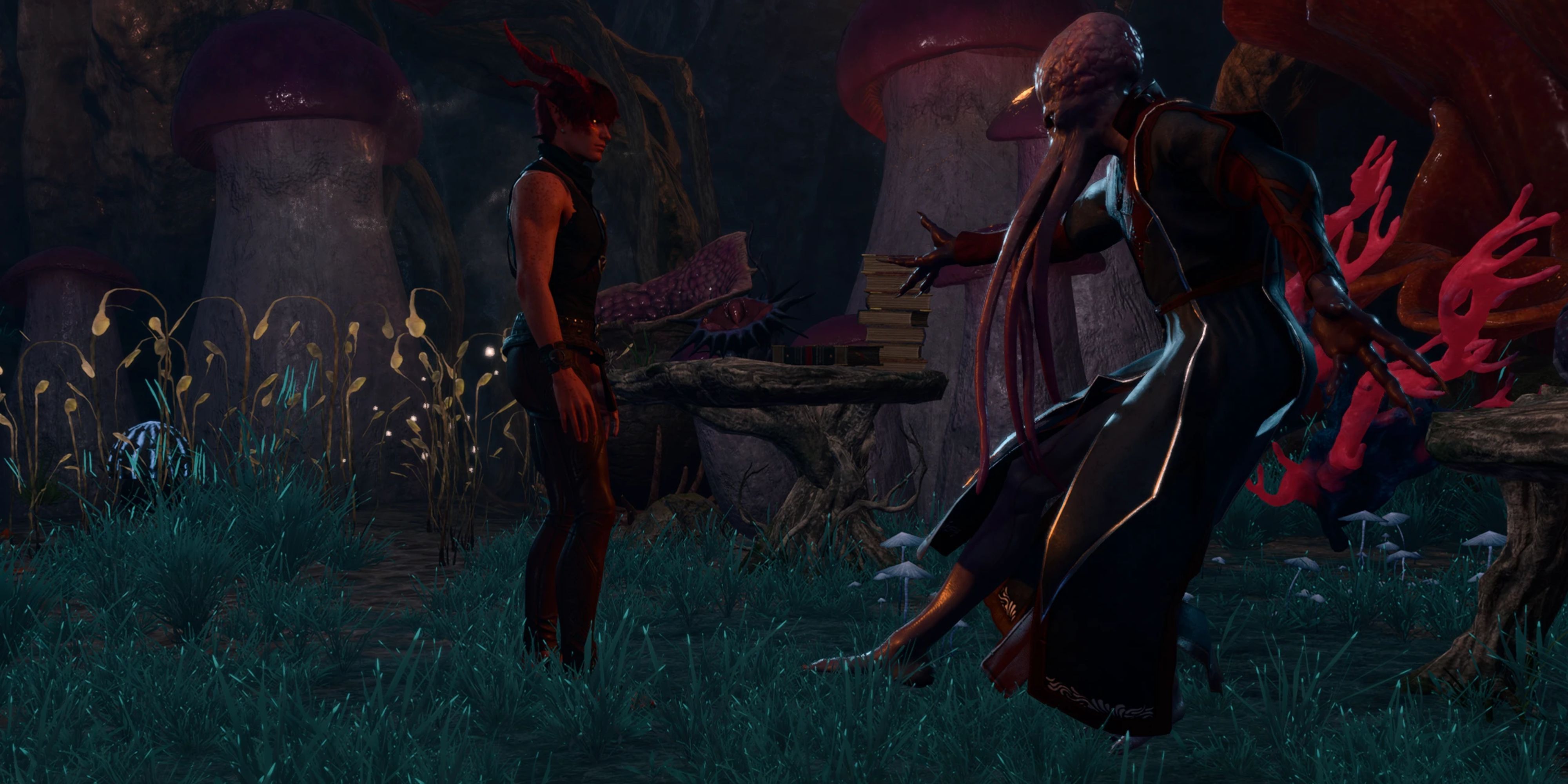 Two characters from Baldur's Gate 3 prepare for romance in a camp.