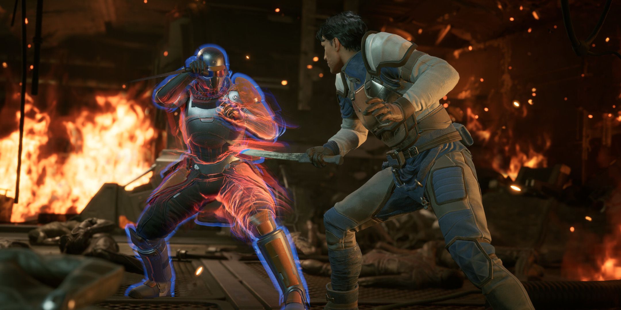 Two men fighting with swords in Dune Awakening.