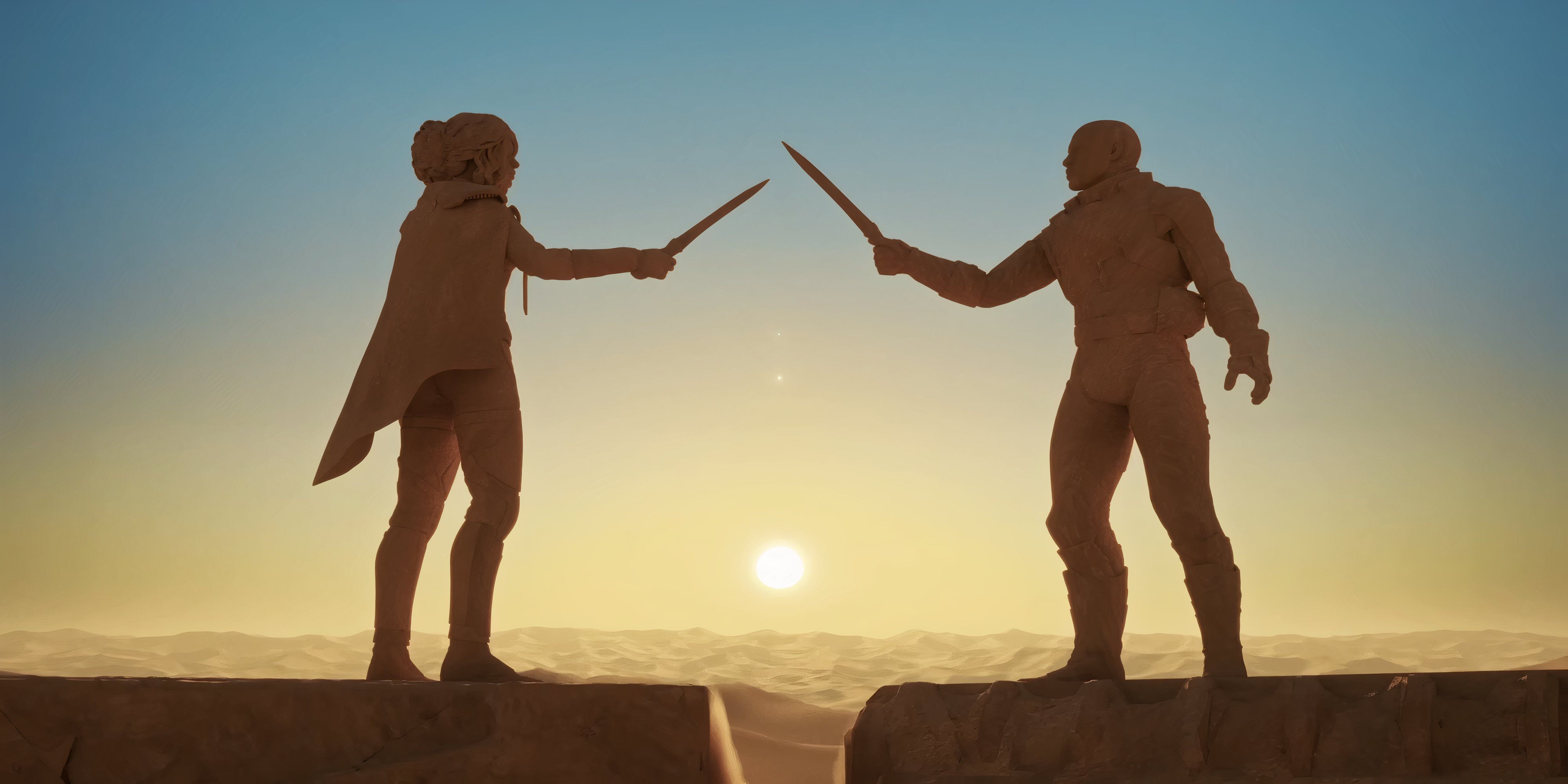 two statues brandishing swords over a desert sunset in dune awakening.