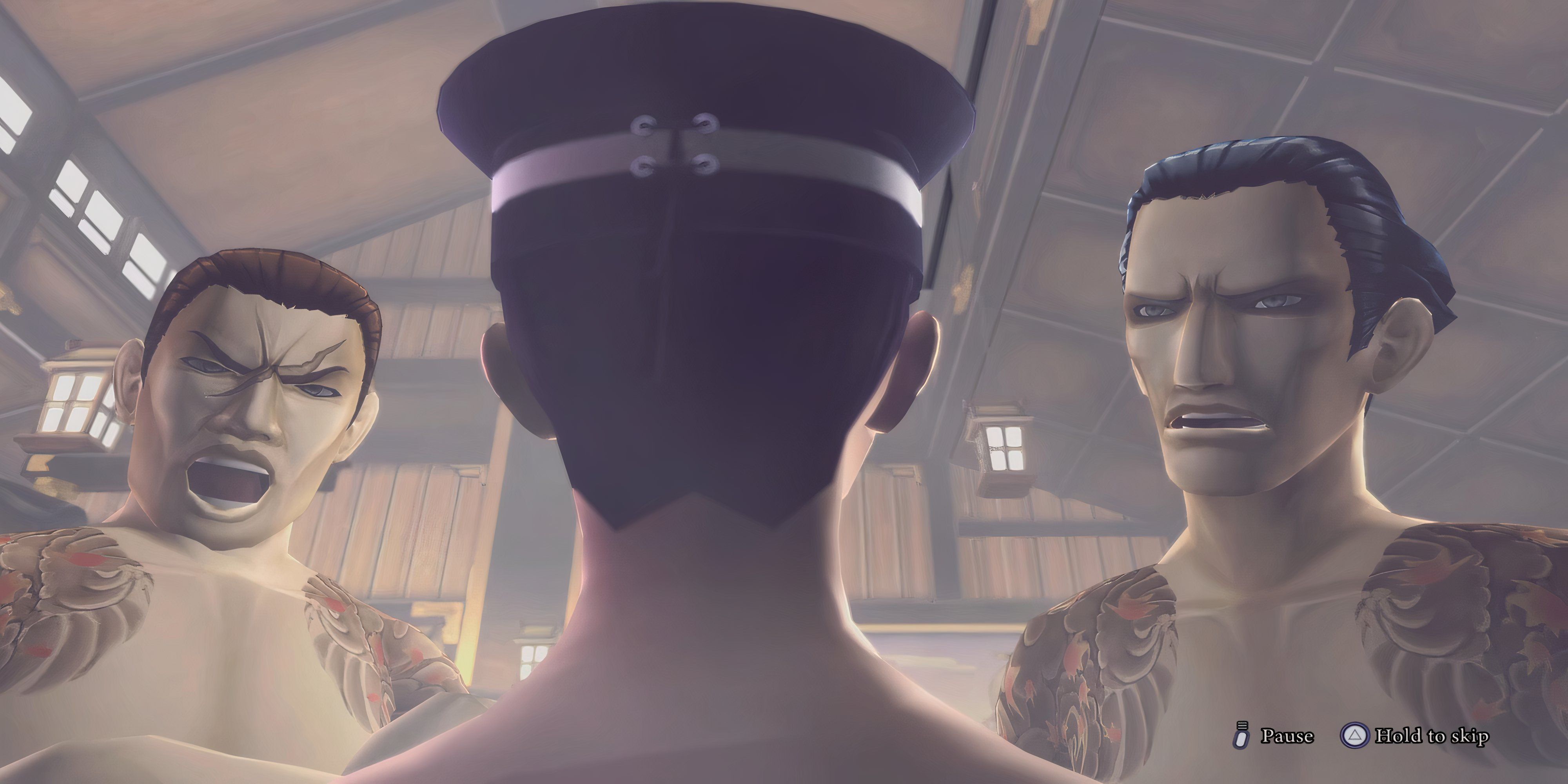 two yakuza staring at raidou in a steamy bathhouse.