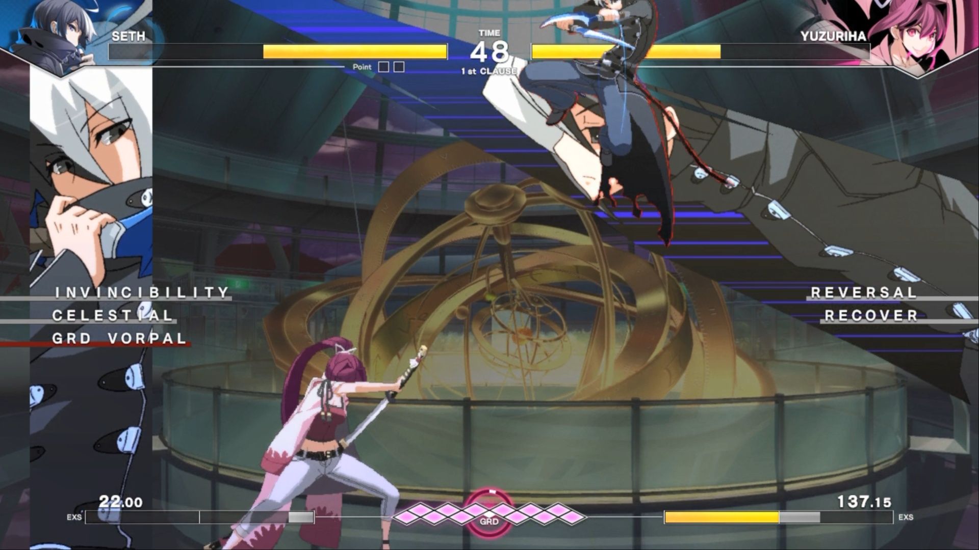 Seth activating Celestial Vorpal against Yuzuriha in Under Night In-Birth II Sys:Celes.