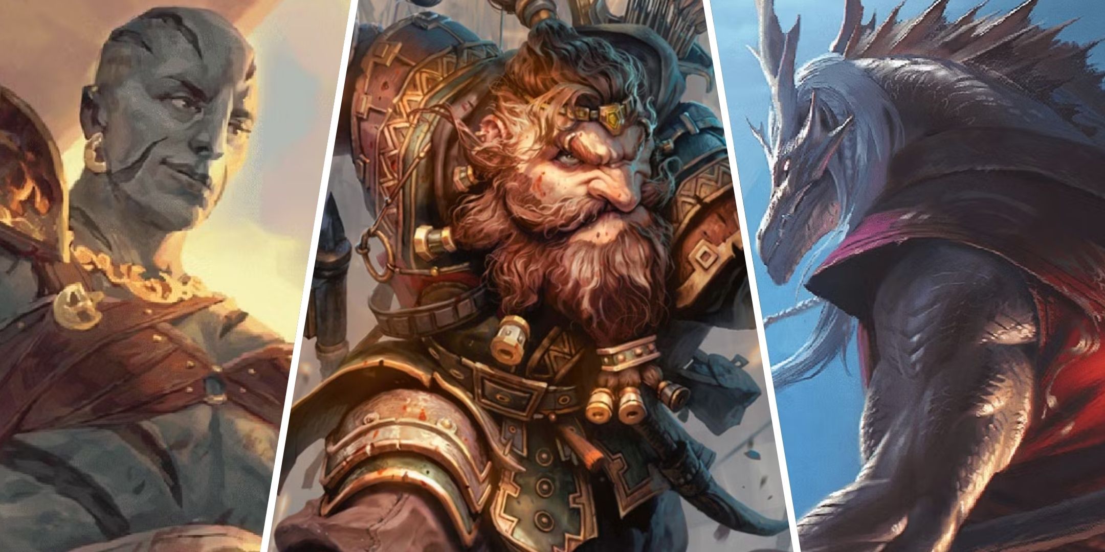A goliath barbarian, a dwarf fighter, and a dragonborn monk, from Dungeons & Dragons (DND).
